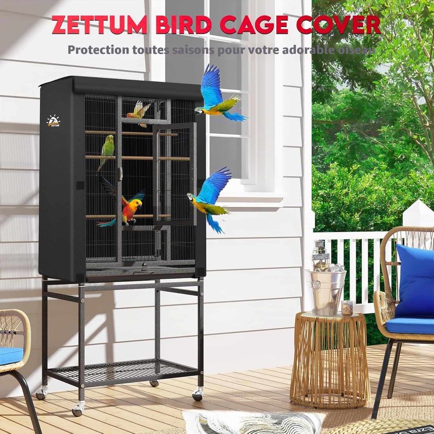 Zettum Housse de Cage à Oiseaux 96 x 61 x 122 CM CM, Filet de Protection Lavable pour Cage à Perroquet, en Tissu Oxford 600D, imperméable et Respirant, Housse Coupe-Vent pour Cage à Oiseaux