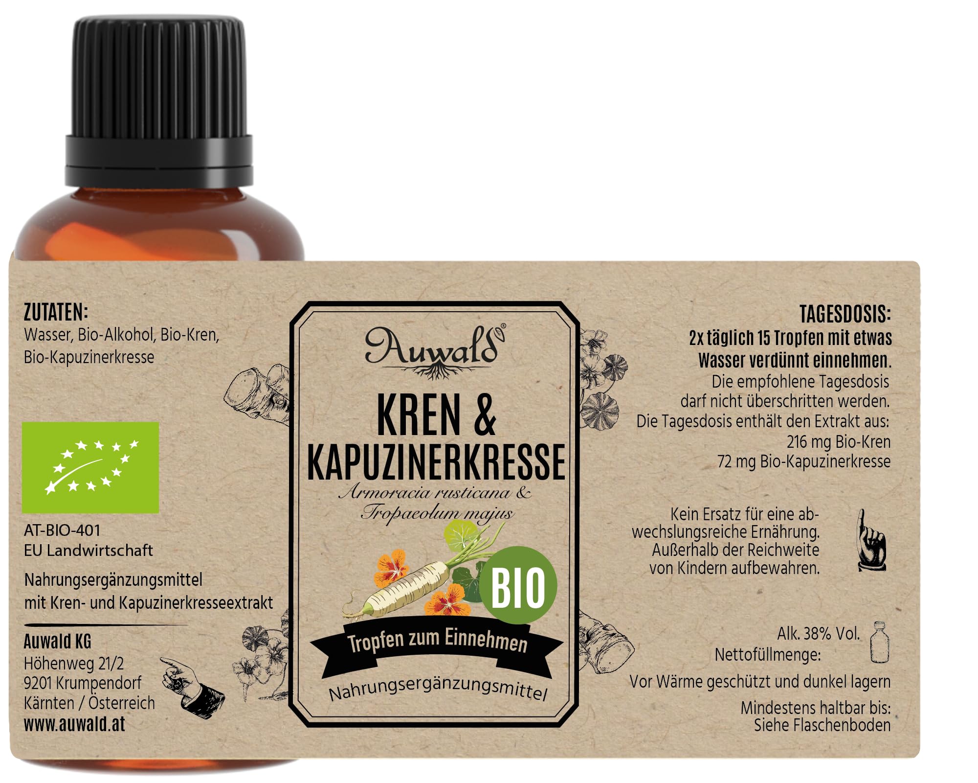 Auwald Kren Meerrettich Kapuzinerkresse Tropfen BIO Extrakt Tinktur 100ml Österreich