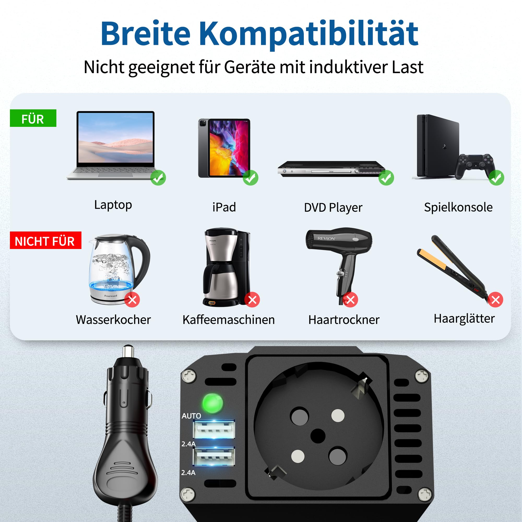 Przetwornica napięcia 300 W DC 12 V na 230 V AC, falownik zmodyfikowany sinusoidalny z podwójnym złączem USB 4,8 A, ładowanie laptopa, do iPhone'a, iPada, tabletu i wielu innych - czarny