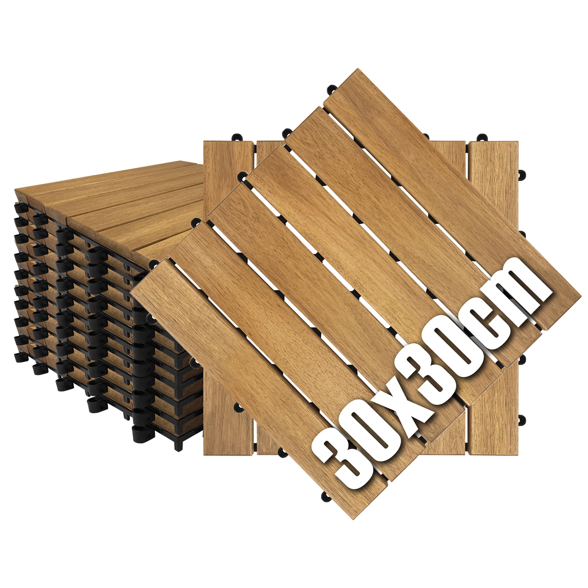 4m² Holzfliesen Holz Fliesen wetterfest Balkonfliesen Balkonboden aus Akazienholz Gartenfliesen mit Drainage Stecksystem Klickfliesen Zuschneidbar Balkonfliesen für Terrasse Patio - Typ A
