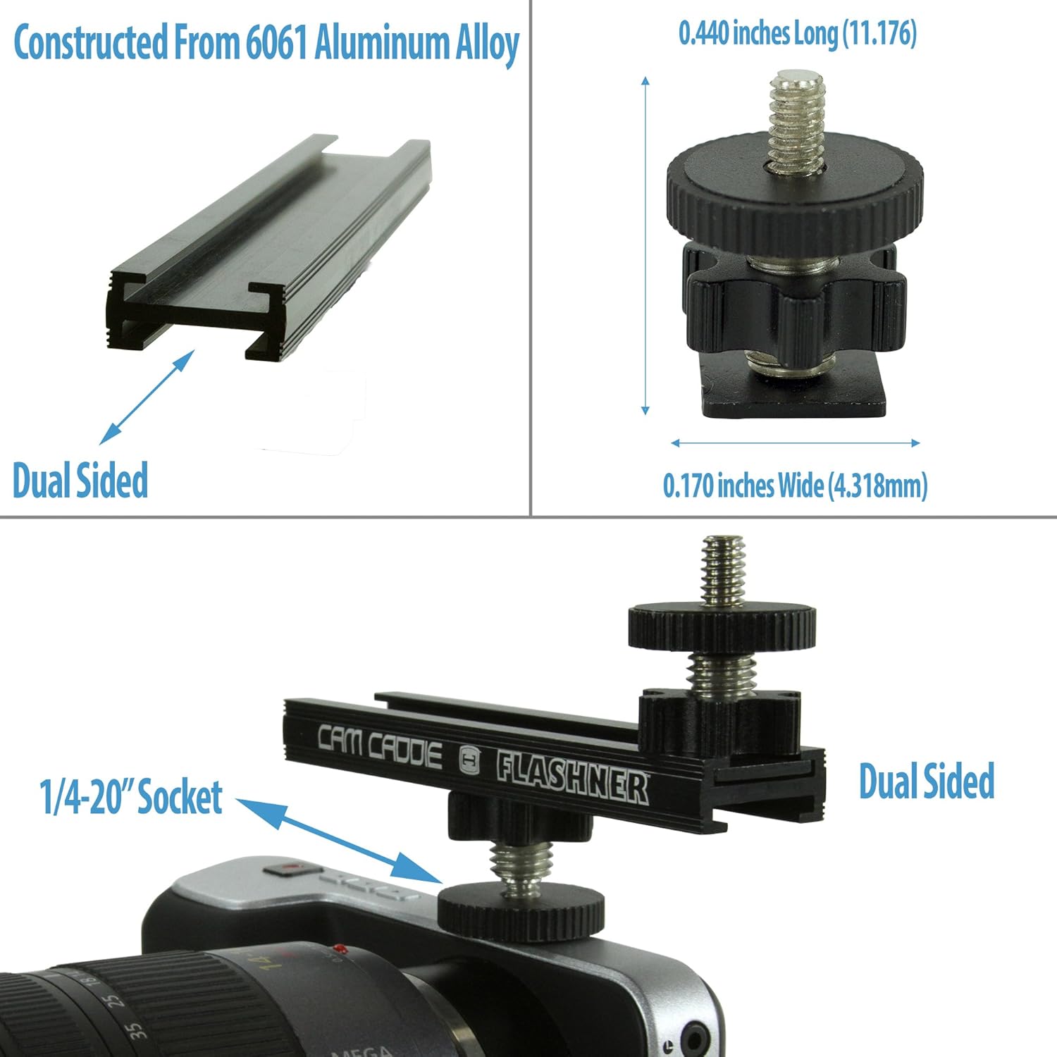 8 Inch Cold Shoe Extension Bracket - Dual Sided Camera Flash Mount with 1/4"-20 Flashner Adapter by Cam Caddie - Black