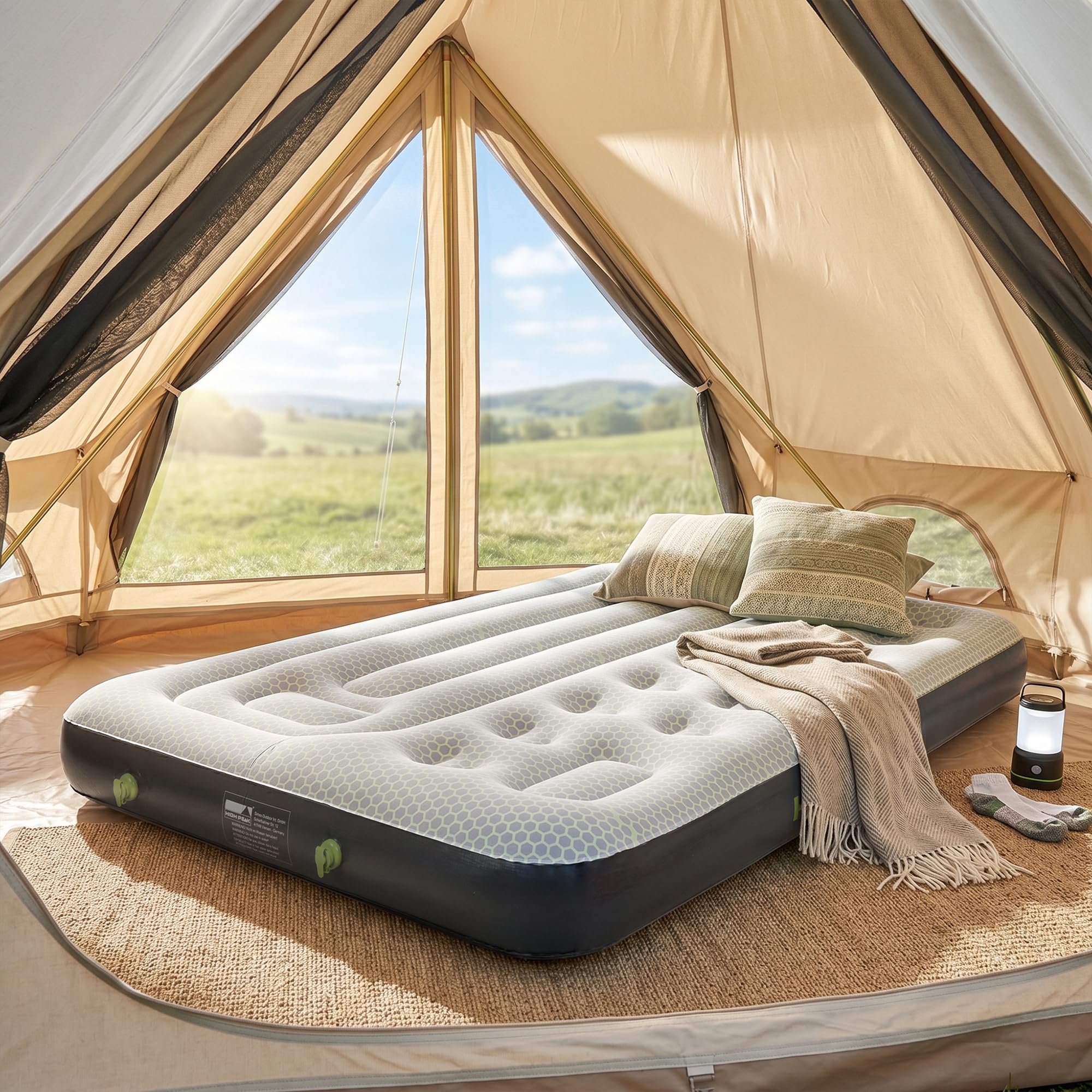 High Peak Luftbett 2 Personen mit integrierten Pumpen und Doppelkammer | Anti-Rutsch-Pads, Doppelventil, Dual-Zonen-Liegefläche, pflegeleicht, 198x137x22cm, bis 250kg, für Zelt, Zuhause, Reisen