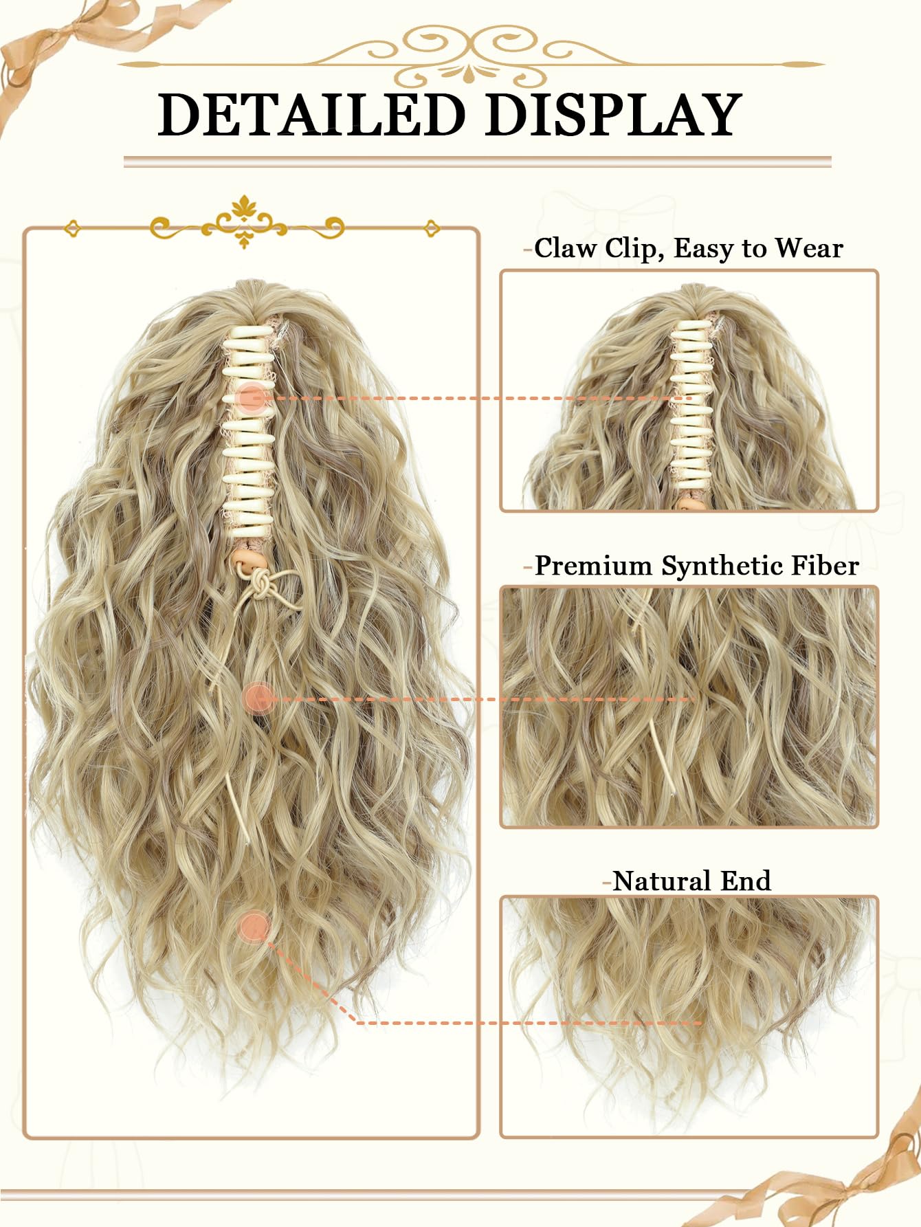 VEGALILY 12 inch Hair Extensions Clip in Bleach Blonde with Brown Highlights Ponytail extension Short Curly Claw Clip Ponytail Synthetic Drawstring ponytail Hair Pieces for Women for Daily Use - Image 3