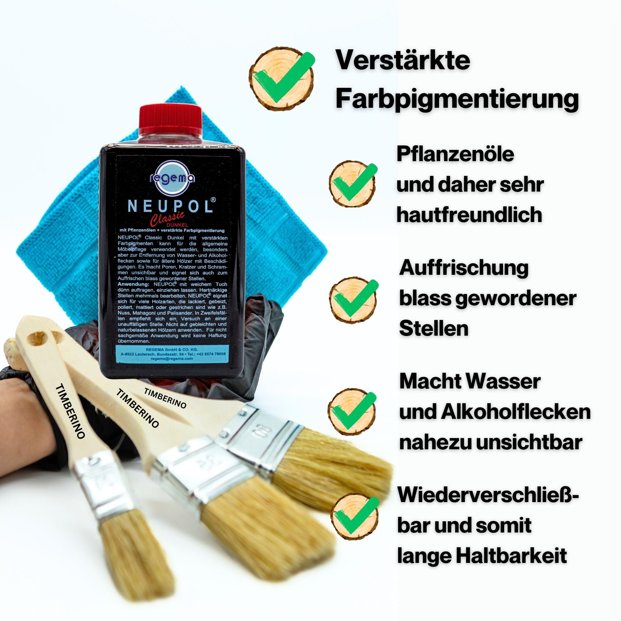TIMBERINO Pflegeset Neupol Dunkel Classic Holzöl [500ml] Pflegeöl für Holzmöbel Innen Holz Öl mehr pigmentiert Echtholz Furnier [Holzöl+Öltuch+Pinsel+Handschuh] Möbelpolitur Holz