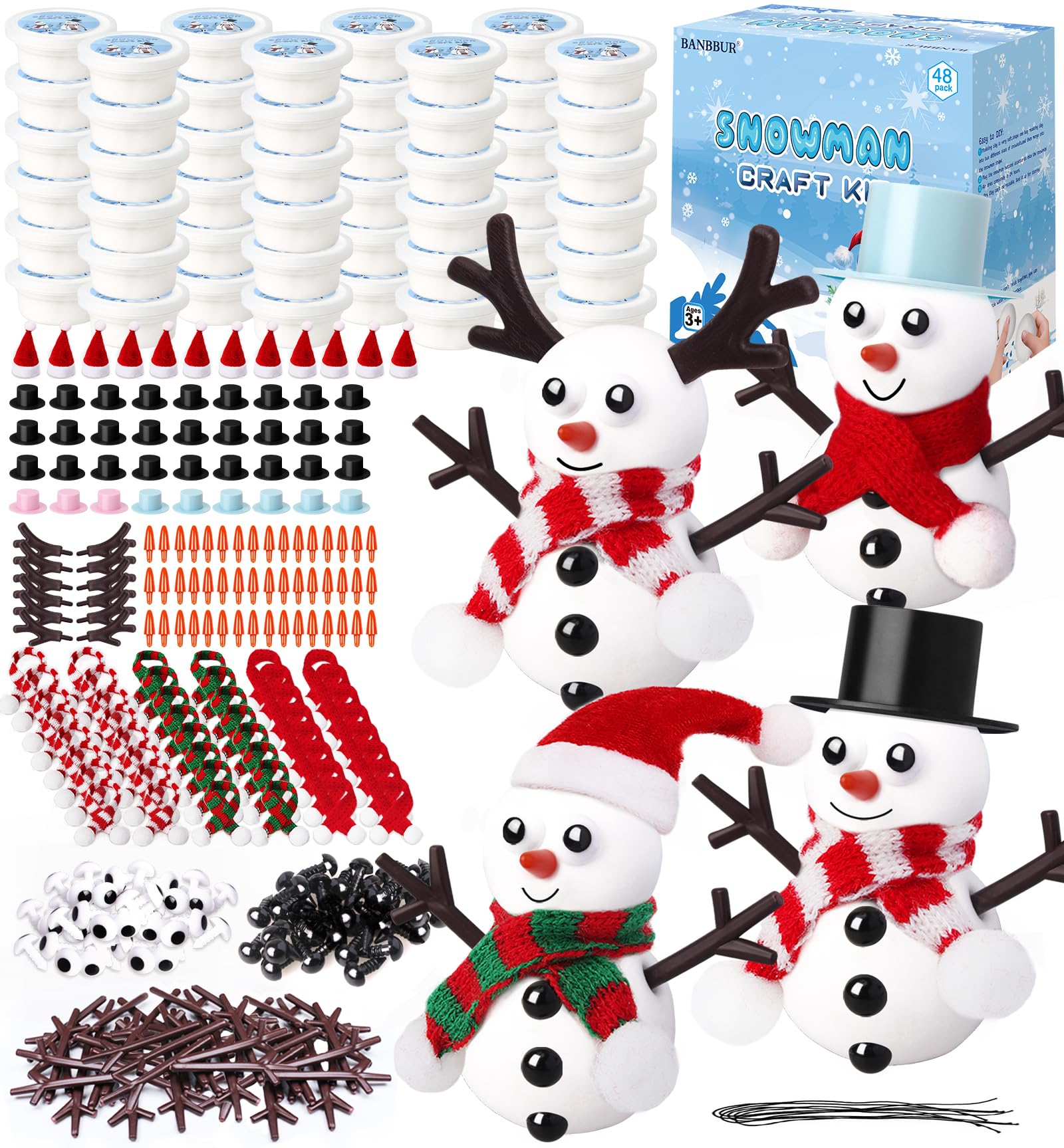 BANBBUR Paquete de 48 rellenos de calcetines para niños, manualidades de Navidad para niños a granel, kit de muñeco de nieve, manualidades de muñeco de nieve, arcilla de modelado, relleno de