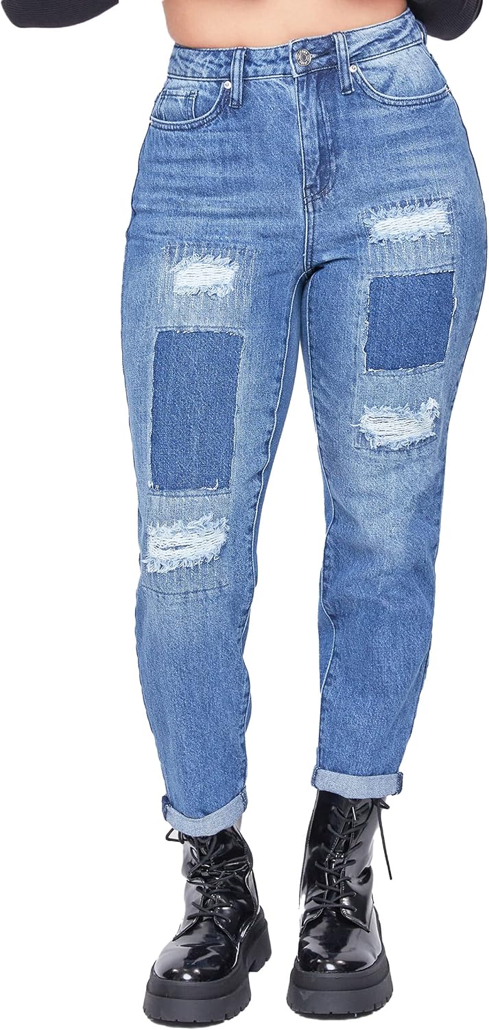 YMI Womens Junior Dream High-Rise Straight Patchwork JeanJunior Dream High-Rise Straight Patchwork Jean