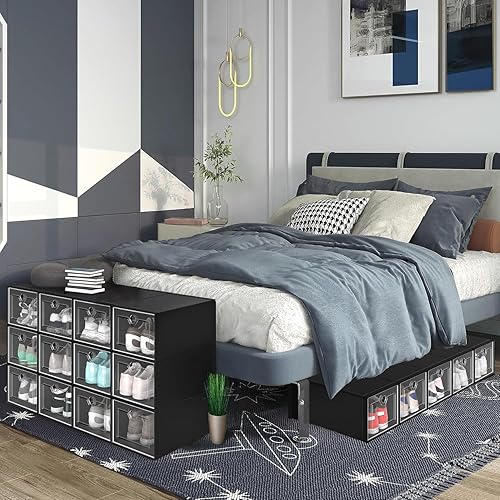 Miniatura 7 de DWVO Paquete grande de 18 organizadores de almacenamiento de zapatos, se ajusta hasta talla 15 de EE. UU., caja de zapatos apilable de plástico