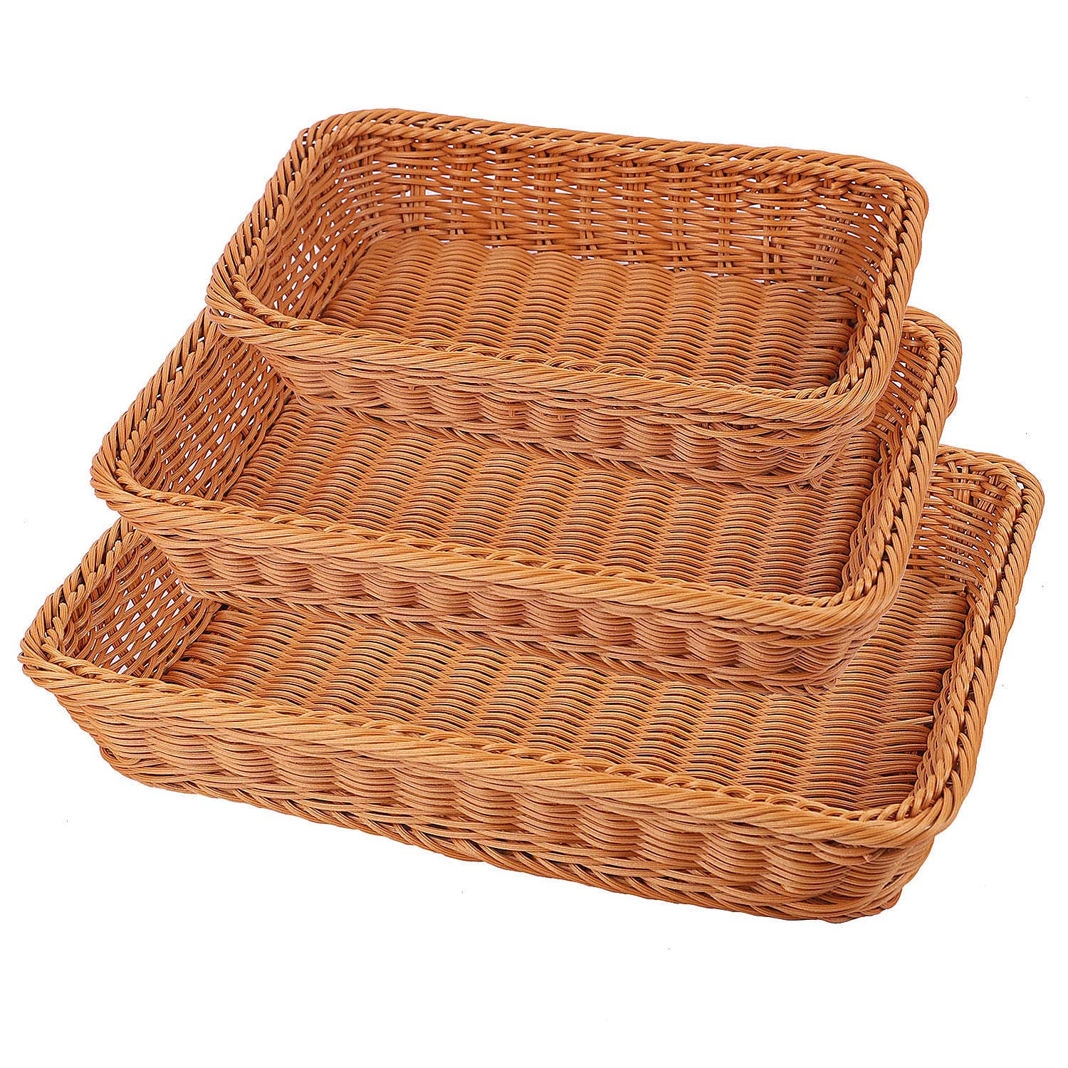 KEILEOHO 3 Packs Poly Wicker Bread Baskets Set of 16 14 12 Inch, Handmade Woven Pantry Organizer, Tabletop Food Serving Baskets for Fruits, Vegetables and Snacks, Restaurant, Hotel Serving, Brown