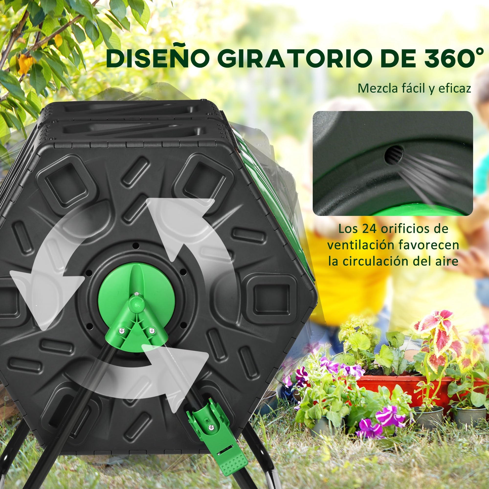 Outsunny Compostador Giratorio de 130L Contenedor de Compostaje de Jardín de Doble Cámara Compostadora con Aberturas de Ventilación y Patas de Acero 67x60x77 cm Negro
