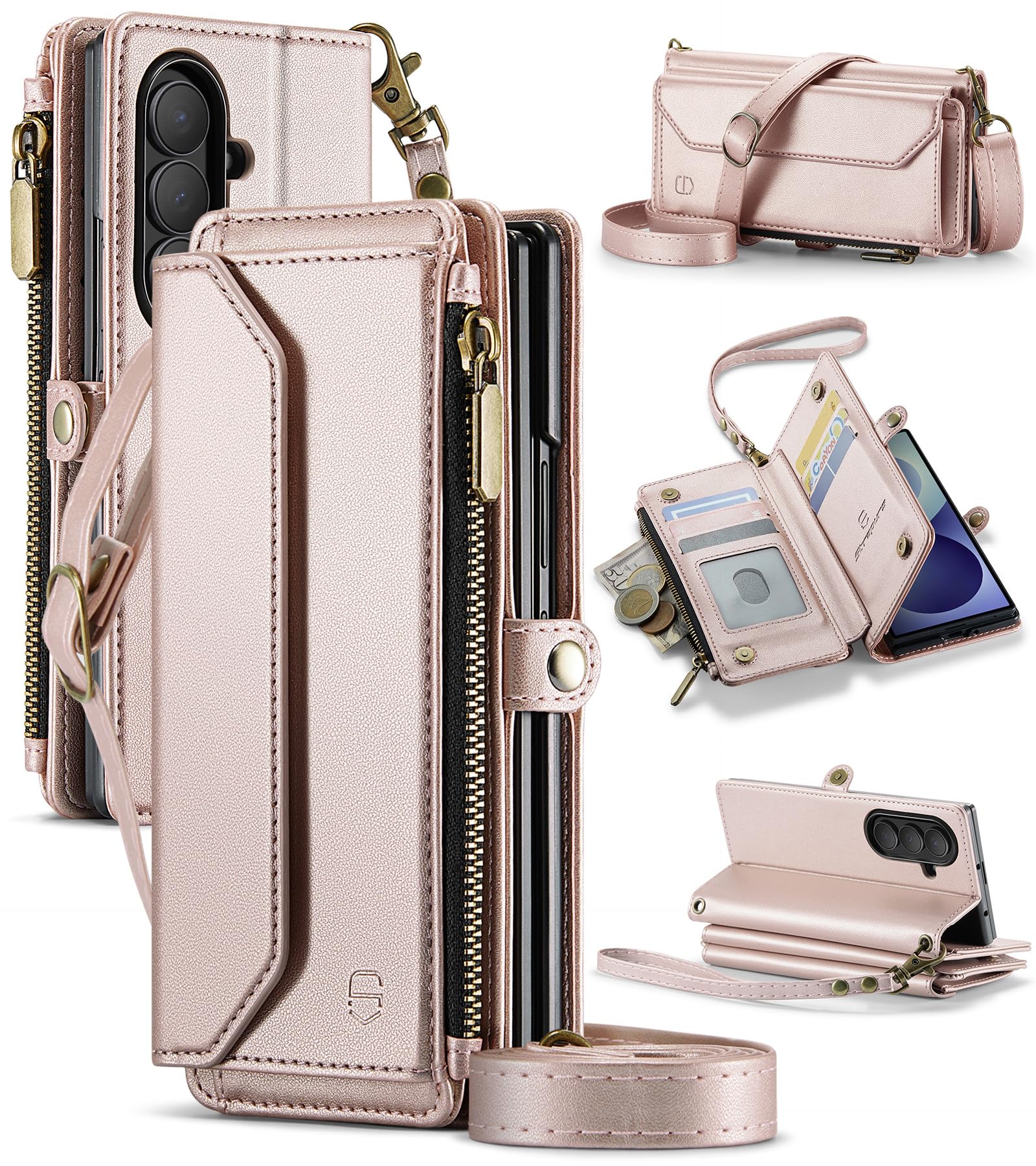 Strapurs Funda tipo cartera para Samsung Galaxy Z Fold 8 Ultra, color oro | Soporte para 9 tarjetas con bloqueo RFID, cordón para el hombro, correa de muñeca, bolsillo con cremallera, cierre magnético