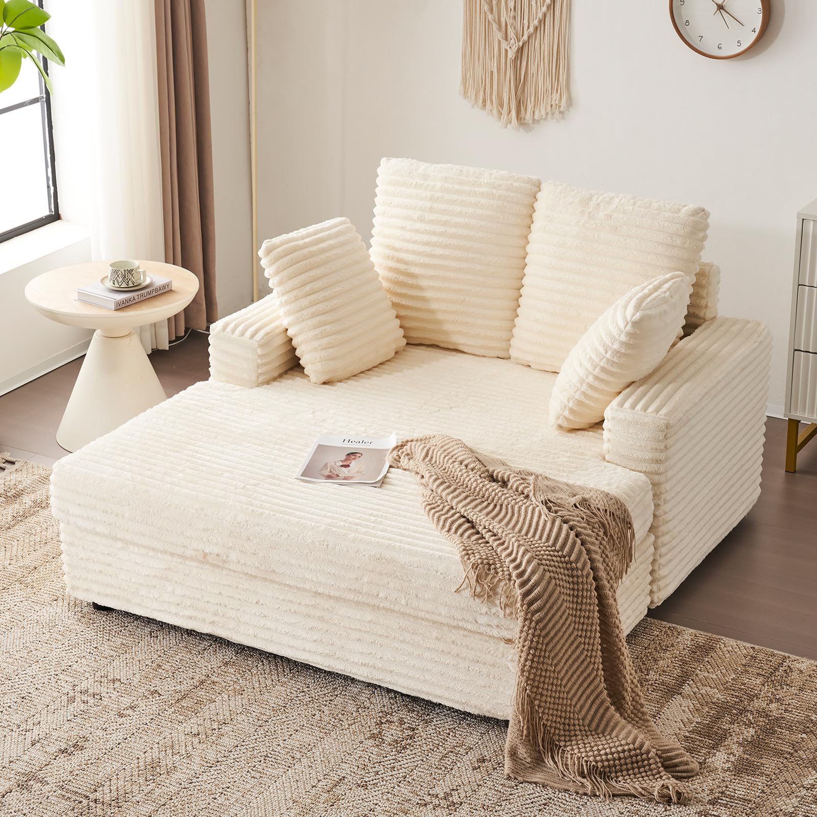 Furnimart Chaise Lounge Chair Indoor, 58 Inch Sleeper Sofa with 2 Throw Pillows, Fluffy Corduroy Loveseat Couch for Living Room, Comfy Oversized Reading Chair, Beige