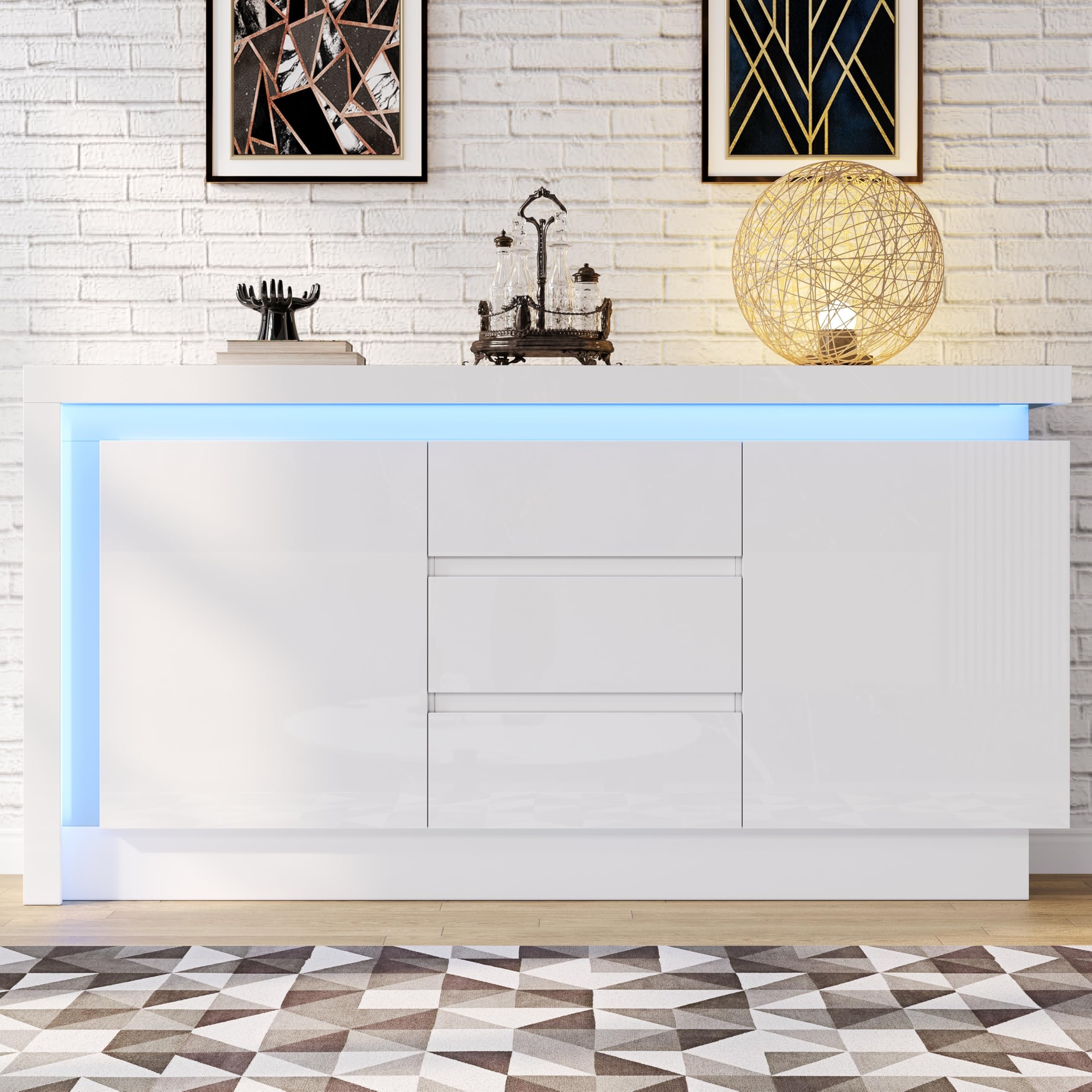 BTM 140x35x72cm Sideboard,Kommode für das Schlafzimmer, Wohnzimmer,Beistelltisch mit 3 Schubladen,Schrank mit verstellbaren Einlegeböden und 2 Türen, Hochglanz Sofa Beistellschrank mit LED, Weiß