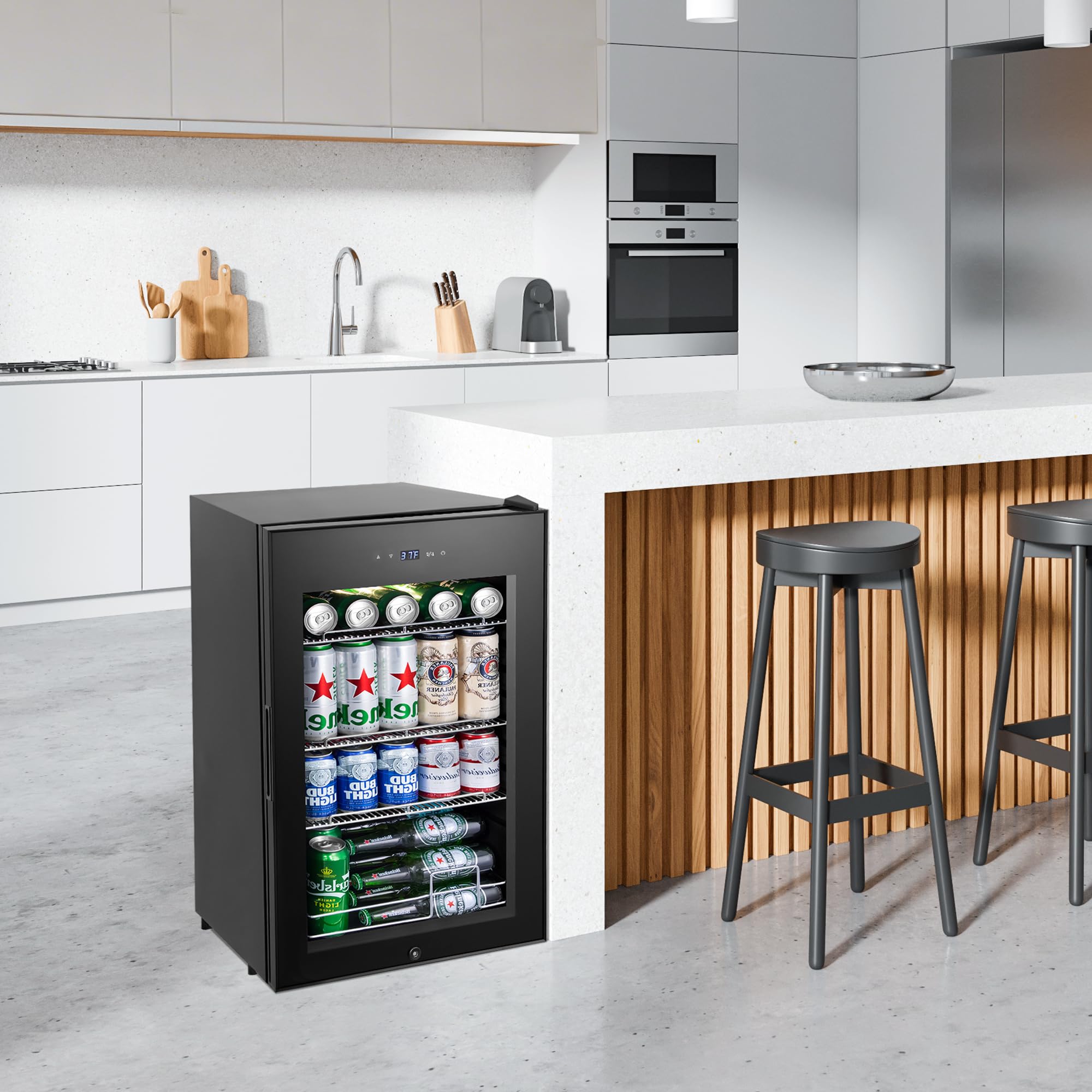 Refrigerador de bebidas, 17 pulgadas, 120 latas, mini refrigerador independiente con puerta de vidrio, estantes ajustables y luz LED, nevera pequeña para bebidas, nevera de cerveza para dormitorio 7