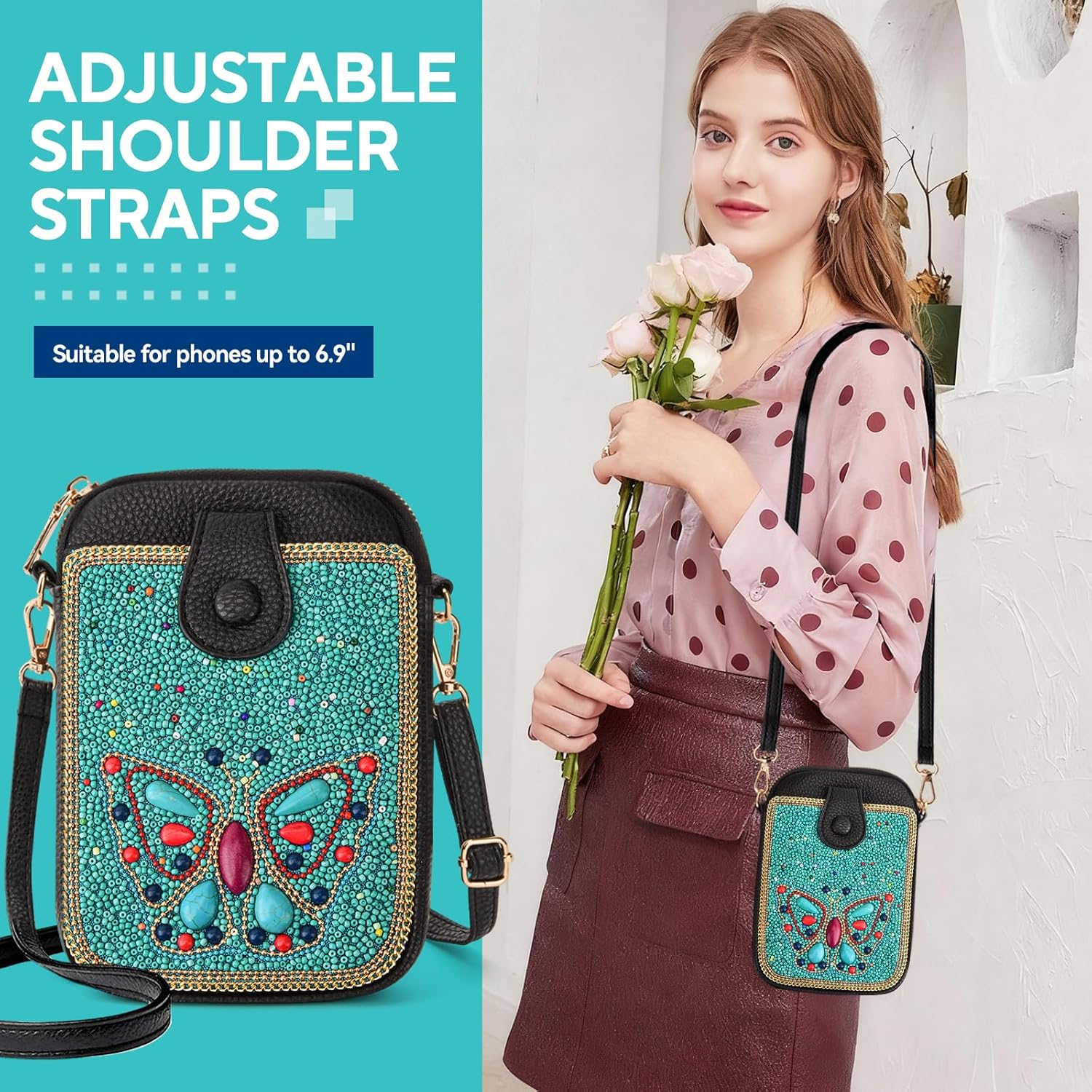 Women's Small Crossbody Cell Phone Bag, Boho Colorful Beaded Purse Wallet with Handmade Cute Patterns - Image 7