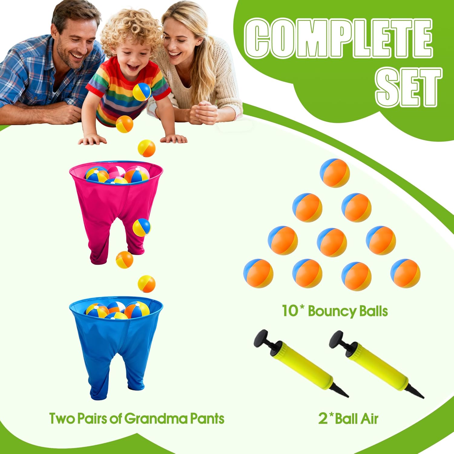 Oversized Granny Pants Outdoor Game Double Set - 2 Stretchy Pants + 10 Elastic Balls + 2 Air Pumps, Perfect for Adult & Family Use, Fits Birthday, Christmas Backyard Parties, Field Days & Team Games