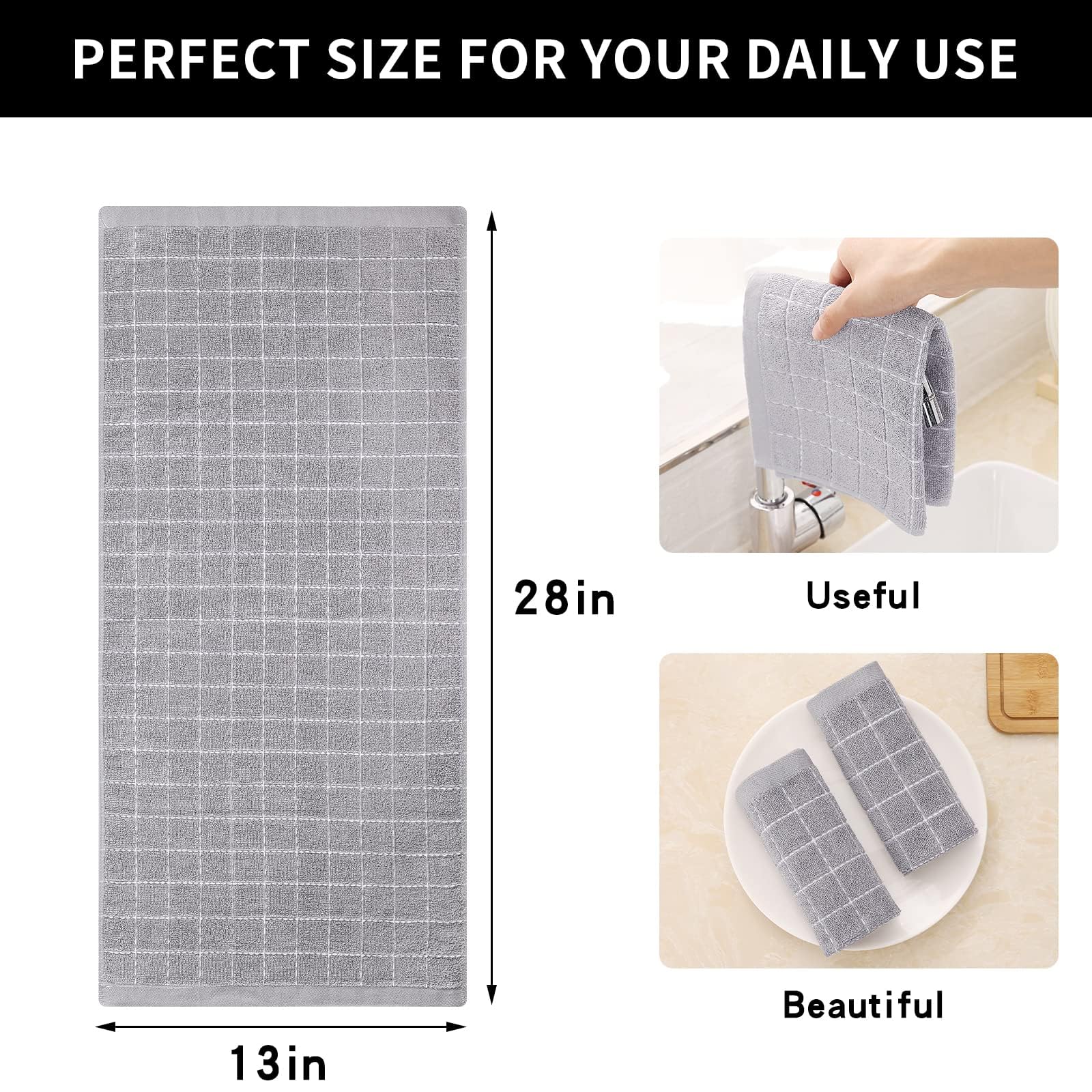 Homaxy Lot de 8 torchons de Cuisine en Tissu éponge 100% Coton (Gris Clair, 33 x 71,1 cm), Doux et Super absorbants, Motif à Carreaux