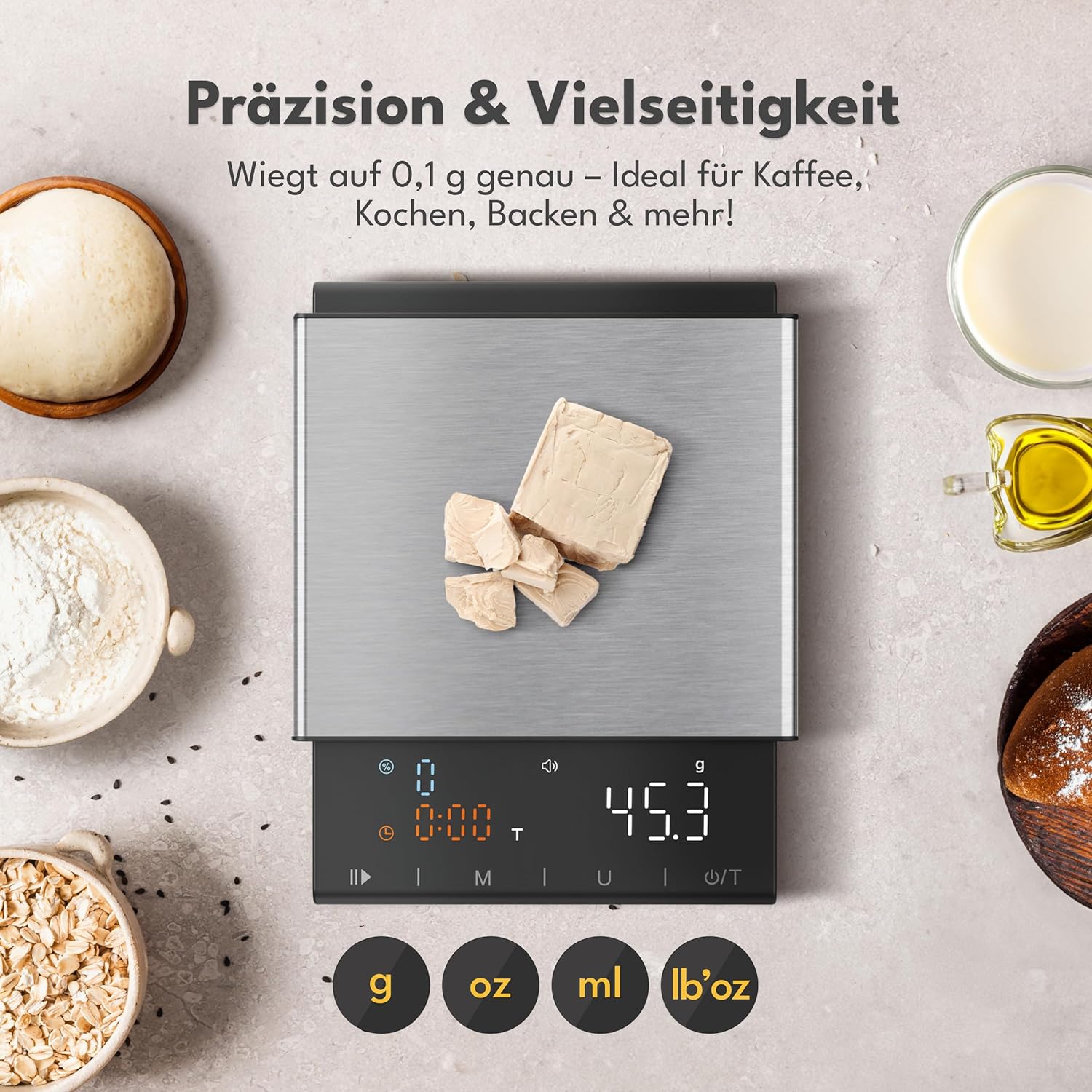 LEBENLANG Barista Coffee Scale showing different units: g, oz, ml, lb'oz