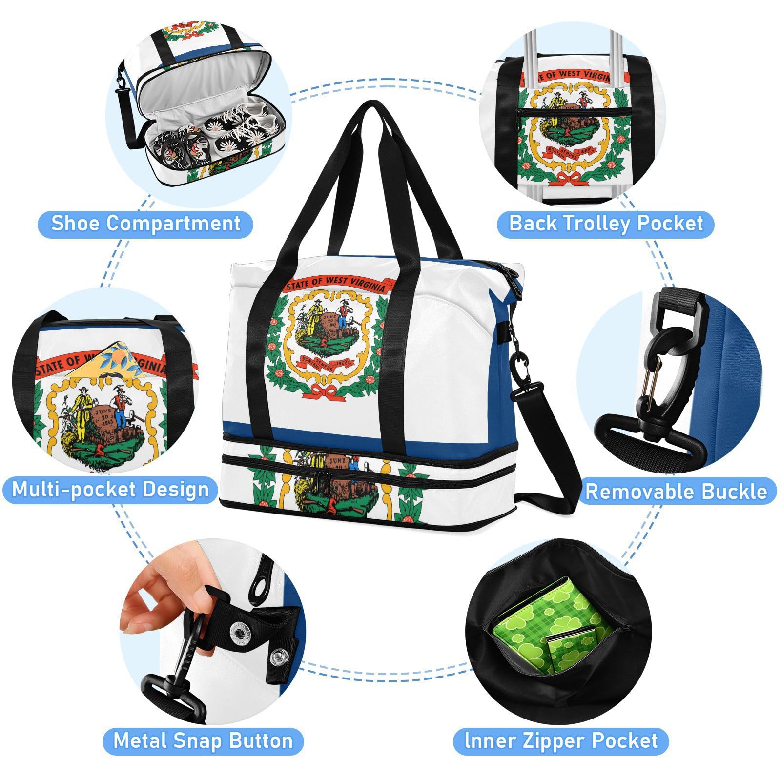 West Virginia State Flag Wv Carry on Weekender Overnight Bag with Wet Pocket Adjustable Strap Gym Sports Carry for Sports Waterproof for men women