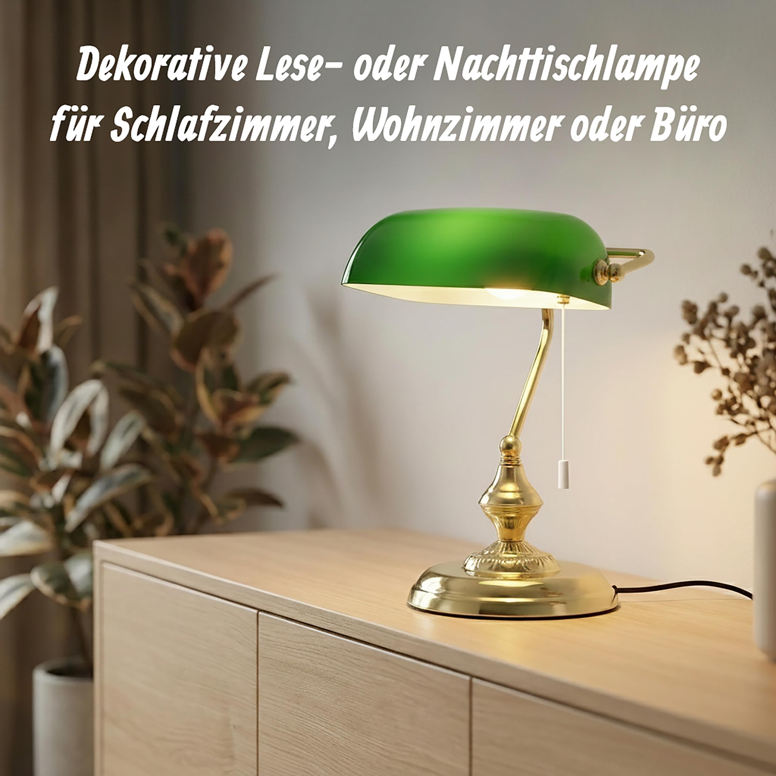 Relaxdays Bankerlampe mit Zugschalter, grüner Schirm, runder Sockel, Vintage Design, Glas, HBT: 31x22,5x18,5cm, Messing, Grün