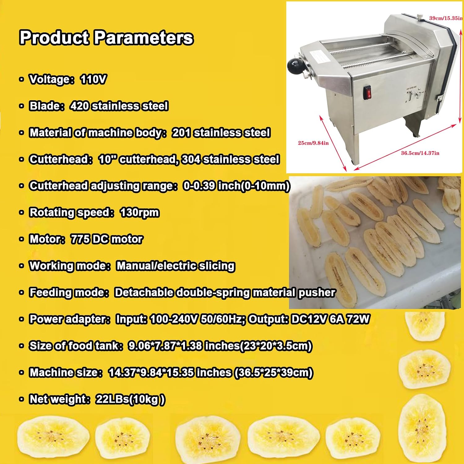 INTBUYING Electric Banana Slicer Machine, Commercial Vegetable Slicer, Manual/Electric Fruit Cutter 10'' Stainless Steel Cutter Head & Adjustable Thickness 0-0.39 inch for Banana, Cucumber, 110V