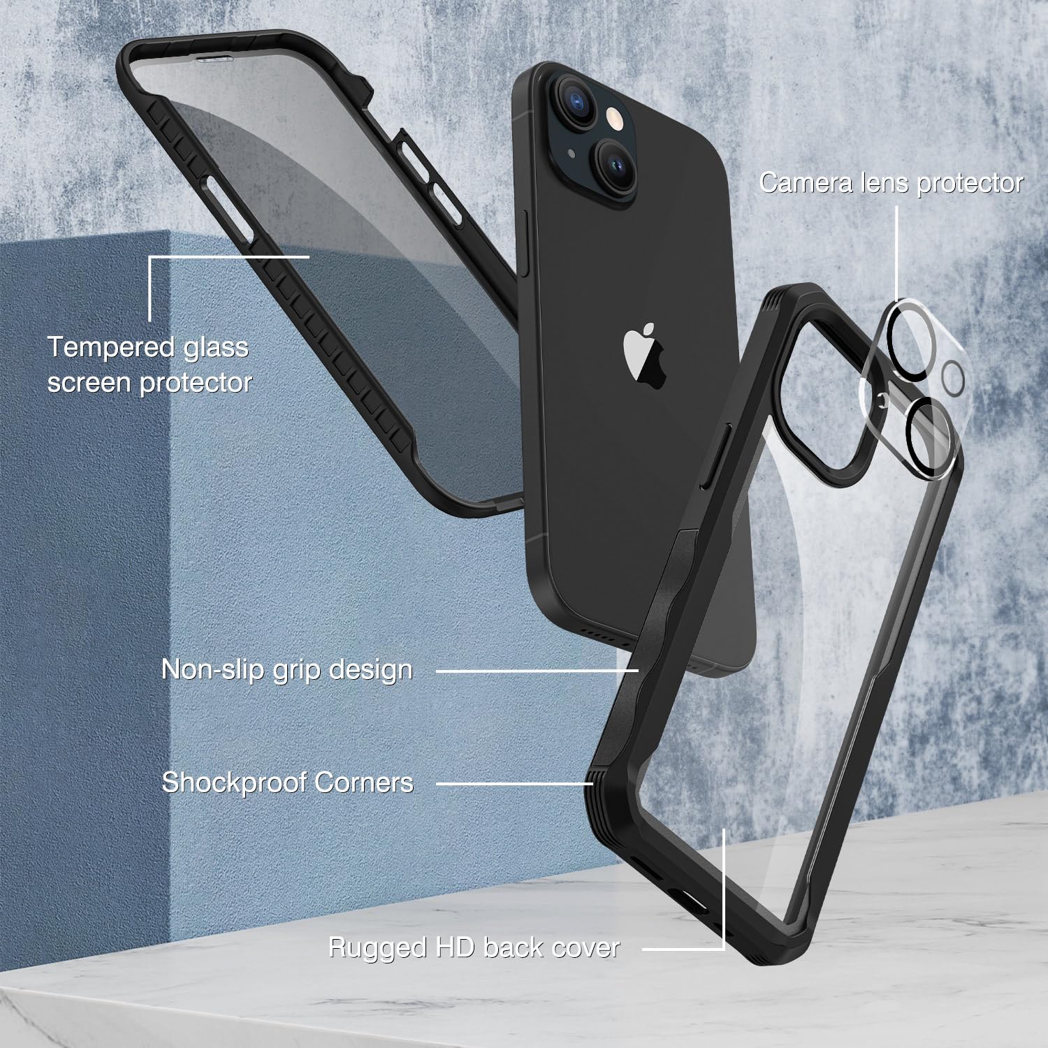 CENHUFO Privacy Cover iPhone 15, con Protezione Schermo Vetro Temperato Anti Spia e Pellicola Fotocamera [9H HD] 360 Gradi Antiurto Rugged Fronte Retro Doppia Faccia Custodia per iPhone 15 - Nero