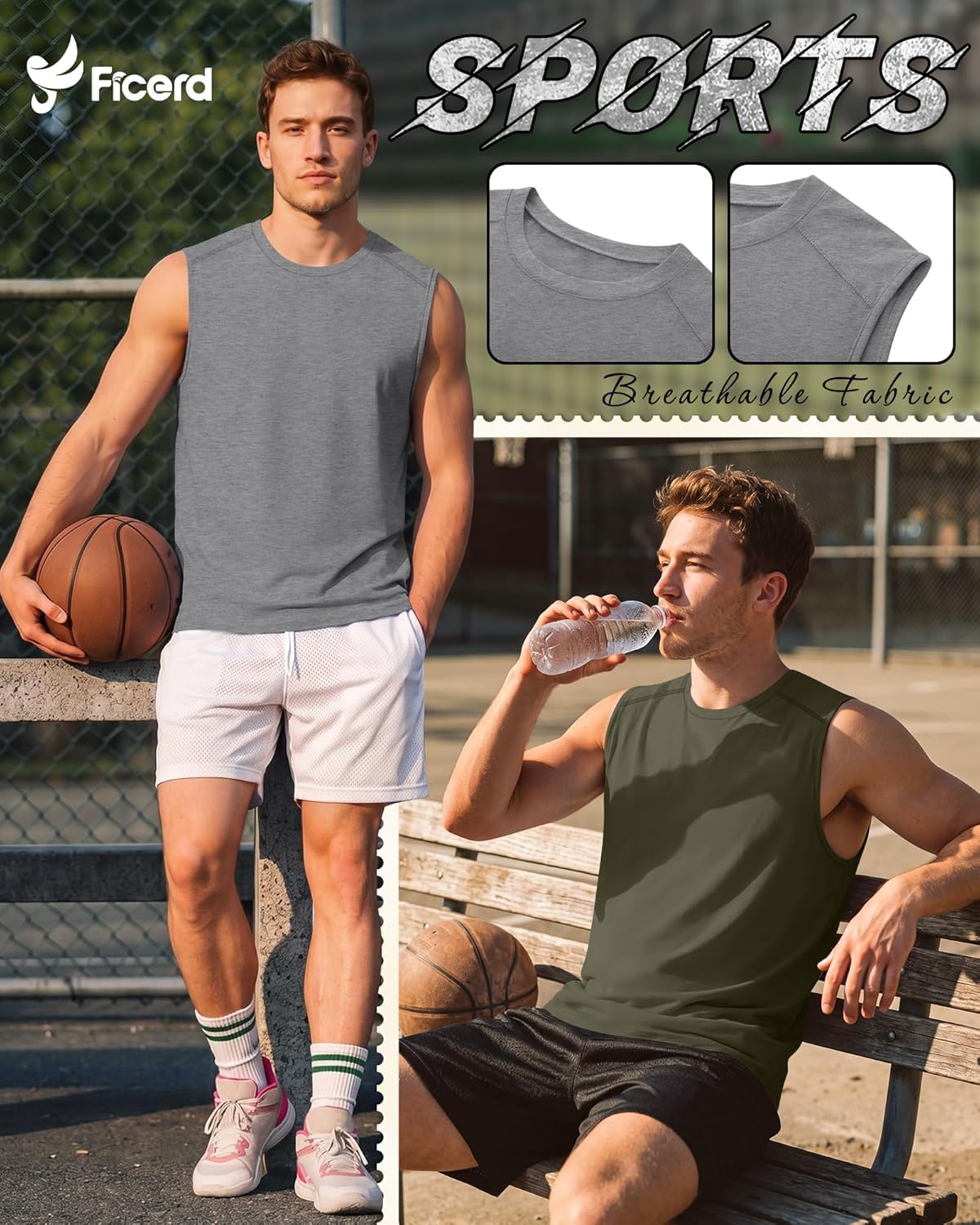 Ficerd 3 Pack Men's Sleeveless Tank Tops, Crewneck Casual Summer Tee Beach T Shirt Workout Run Gym Muscle Shirt