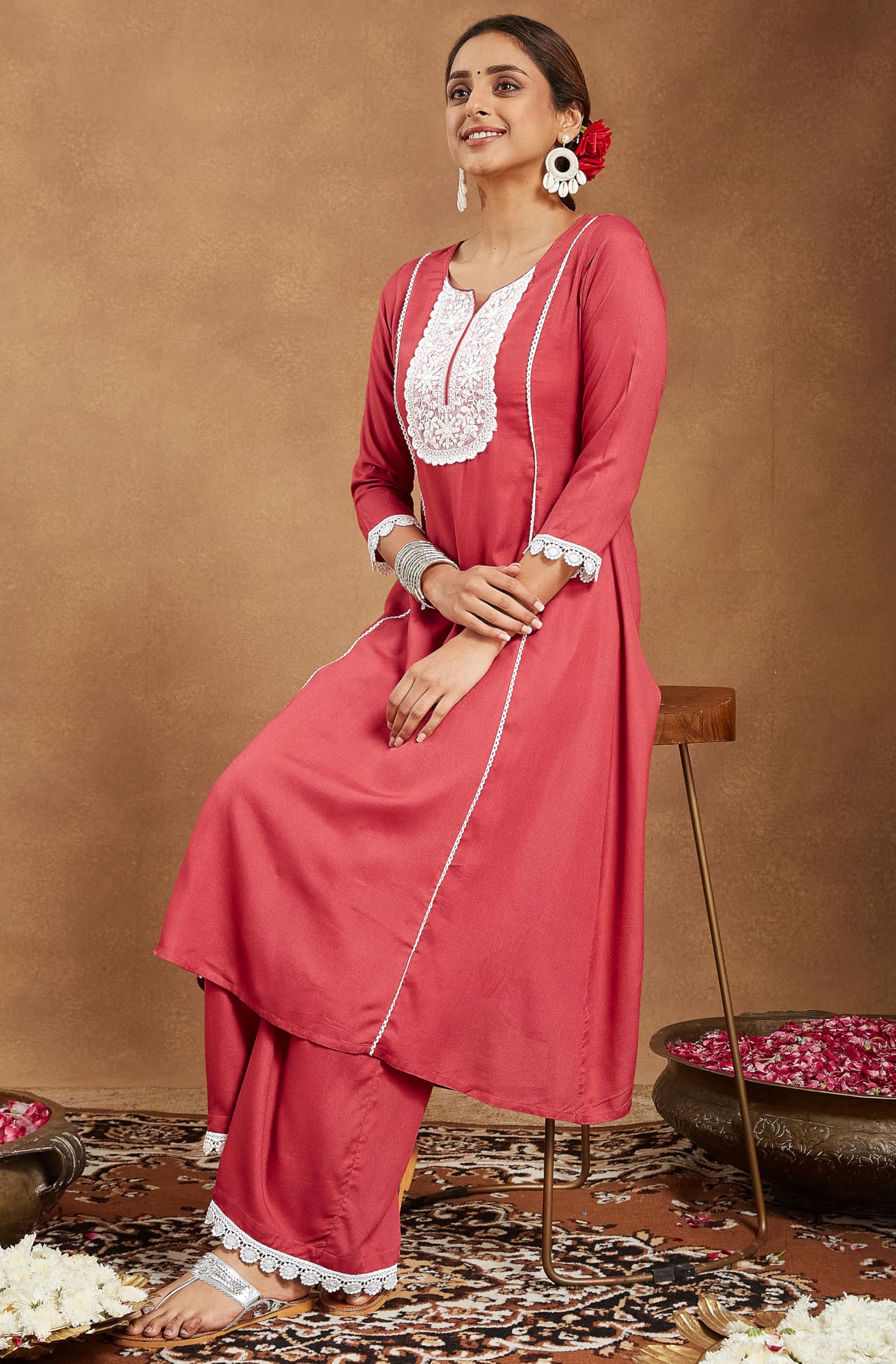 Janasya Women's Rust Rayon Yoke Embroidered A-line Kurta with Palazzo Set