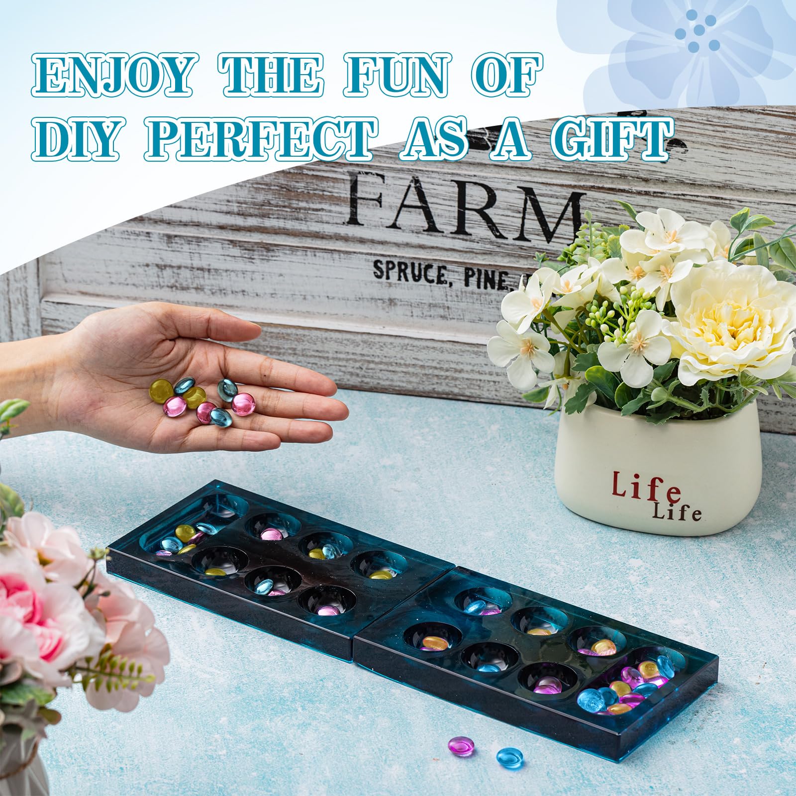 Zhehao Mancala Board Game Molds Set Epoxy Silicone Resin Molds Kit with 2 Pcs Mancala Stones Molds 4 Pcs Metal Mancala Accessories Mancala Board Resin Game Molds for Gifts DIY Family Party Board Games