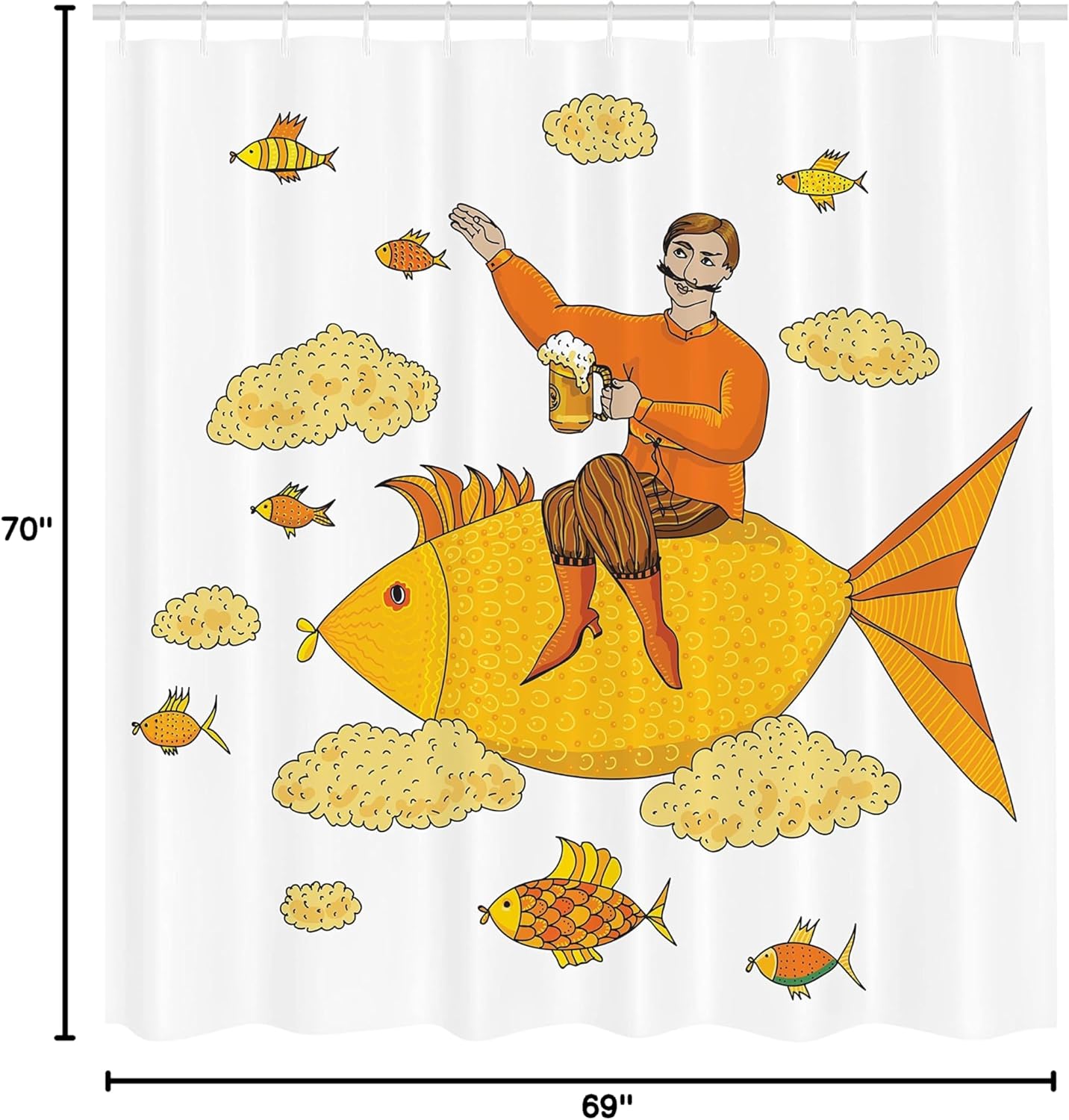 Ambesonne Manly Shower Curtain, Man Holding Glass of Beer Floating on Fish Cartoon Character Imaginary Art, Cloth Fabric Bathroom Decor Set with Hooks, 69" W x 70" L, Yellow Orange