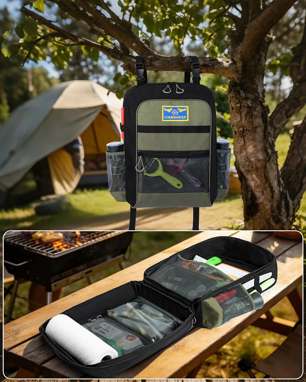 Camp Kitchen Organizer Backpack with Paper Towel Holder, Hanging Camping Utensil Storage Bag with Multi Pockets for Camping Utensils, Barbecue Tool, Bag Only, Black - Image 5