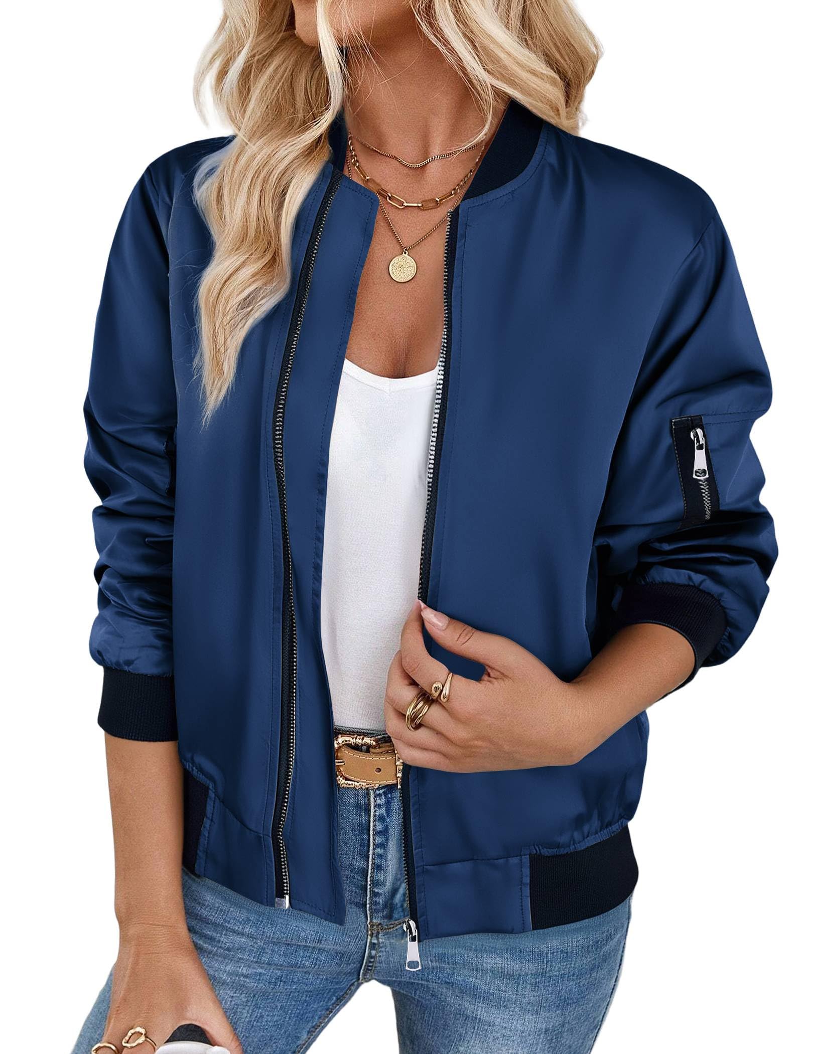 Zeagoo Veste Bomber Femme Blouson Court Court Léger Manches Longues style Décontracté Printemps et été Zippée Outwear Jacket S-3XL