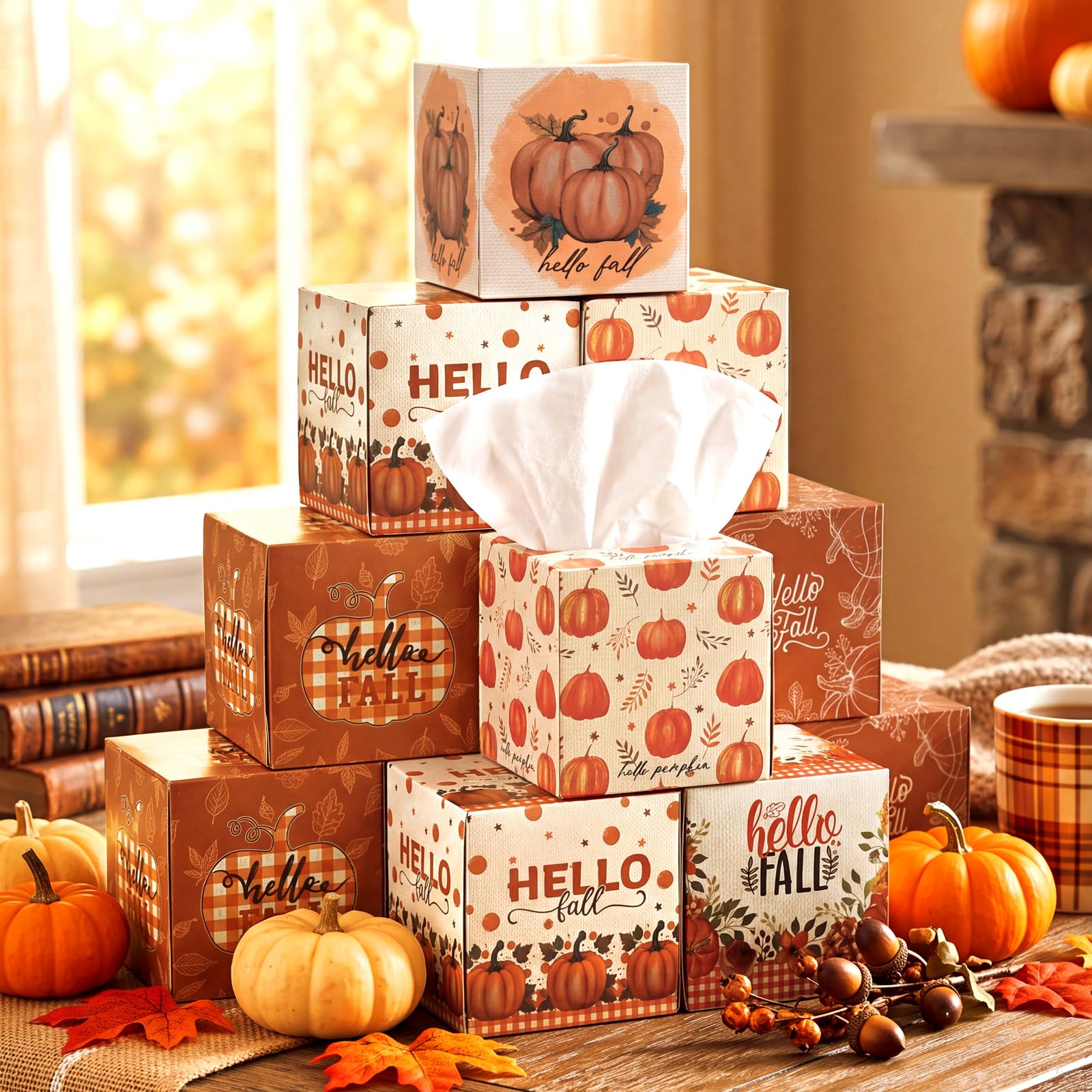 Bencailor Confezione da 12 scatole di fazzoletti per il viso autunnali a forma di zucca, 600 fogli a 3 strati, copertura quadrata in tessuto per accessori di casa e auto (arancione, Hello Pumpkin)