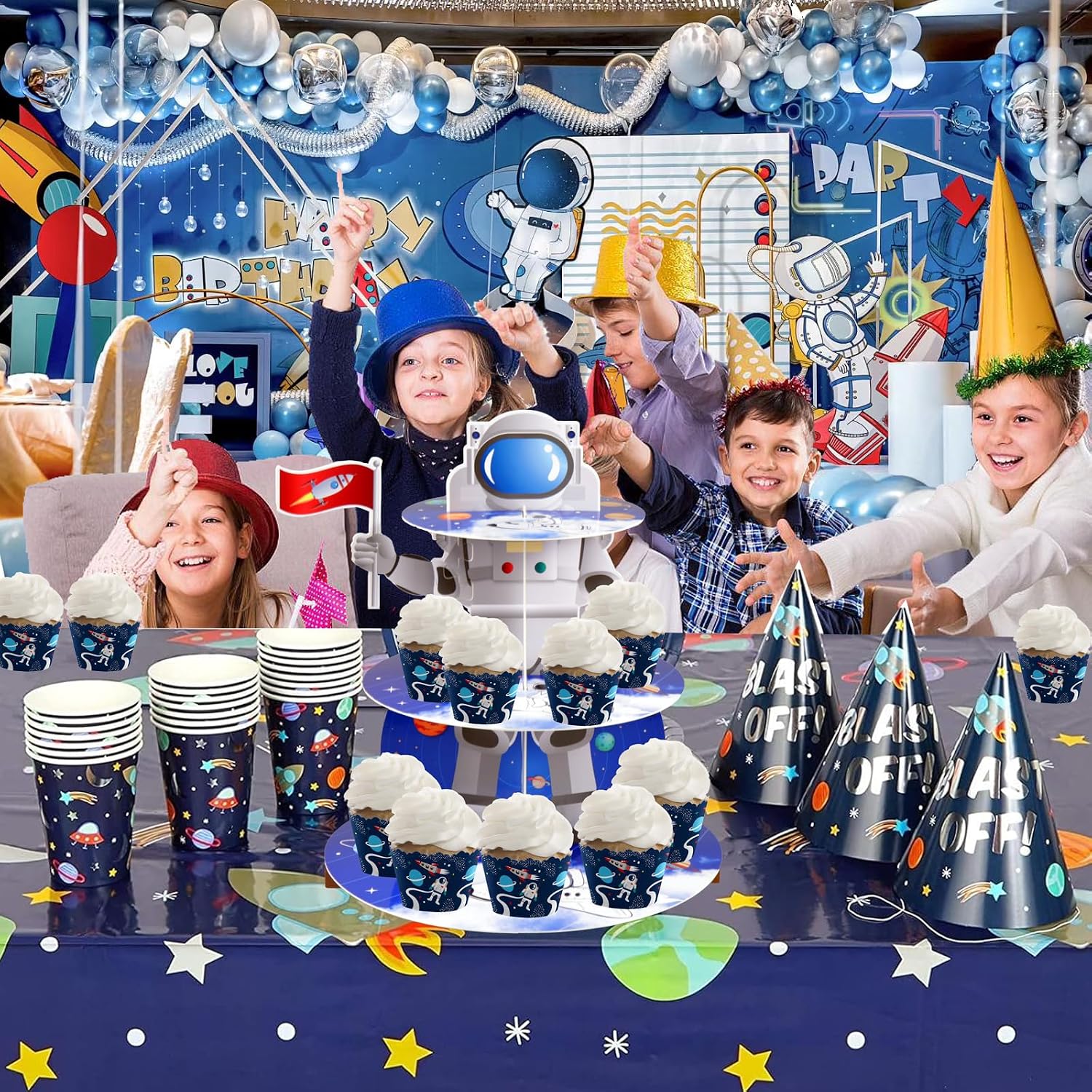 Space Astronaut Cupcake Stand Space Themed Birthday Party Decorations 3-Tier Cardboard Cupcake Holder stand Galaxy Style Dessert Tower Display for Party Supplies