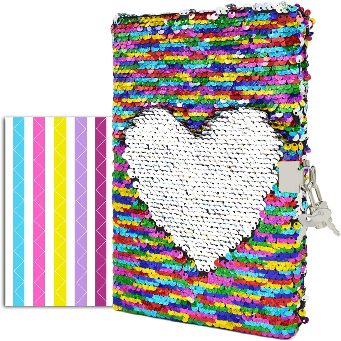 VIPbuy Magic Reversible Sequin Notebook Diary Lined Travel Journal with Lock and Key for Kids Girls, Size A5 (8.5” x 5.5”), 78 Sheets (Rainbow to Silver)