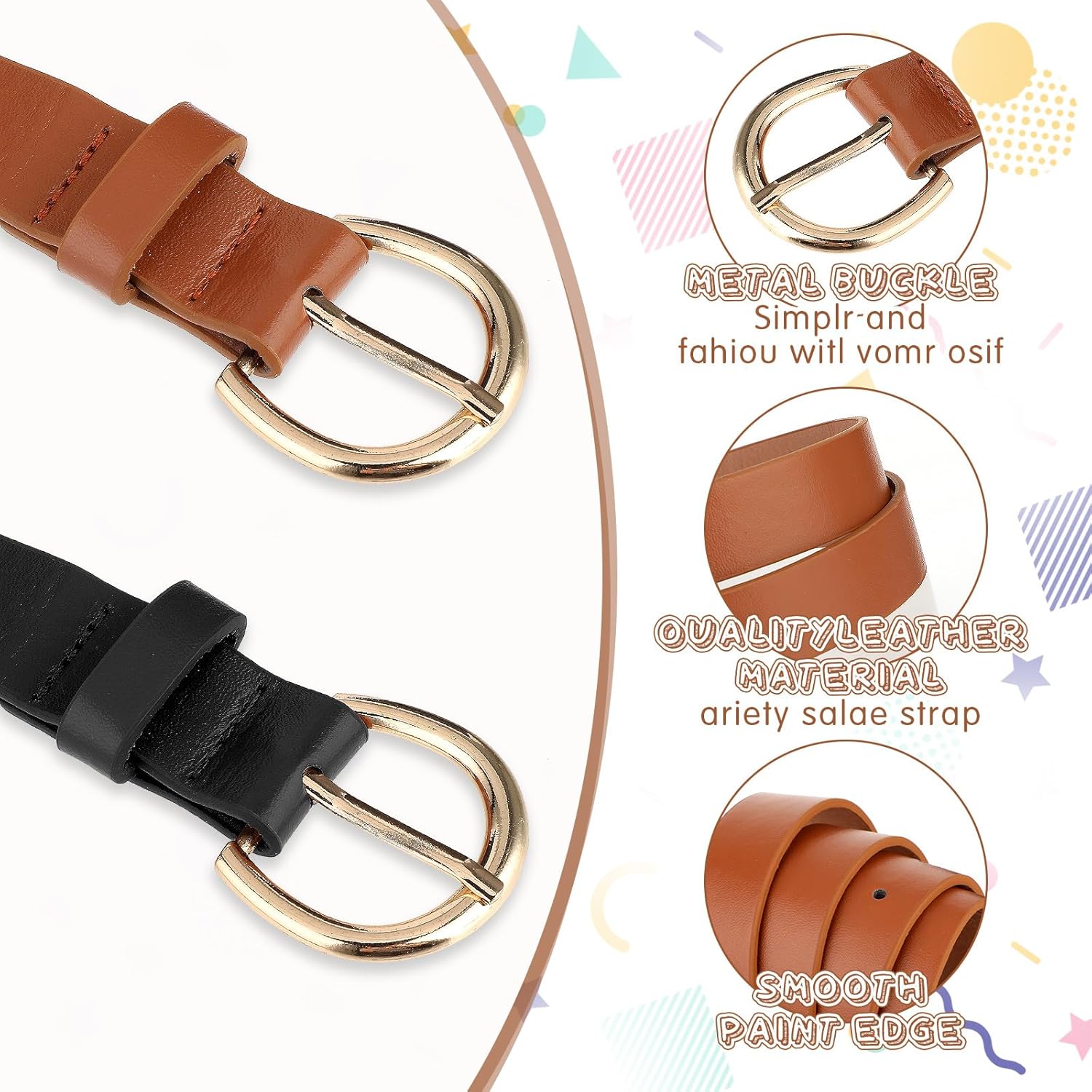 2 PCS Girls Belt 32.3" Elastic Leather Kids Belts, Exquisite Comfortable Skinny Strappy Waist Belt with Double O Ring Buckle (Black/Light Tan) - Image 3