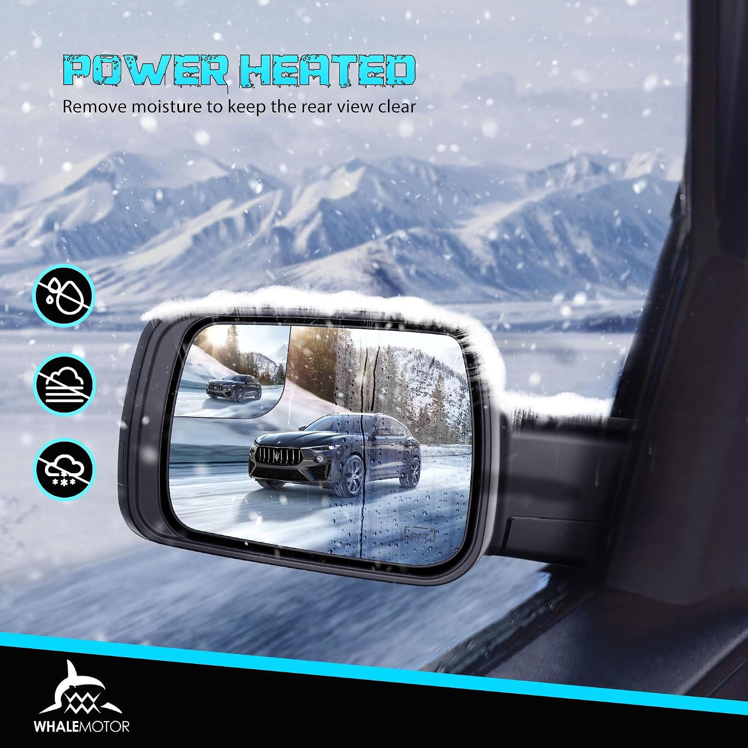 WHALEMOTOR Right Passenger Power Heated Side Mirror Compatible with 2019–2024 Dodge Ram 1500, Side Manual Folding Door Tow Mirror