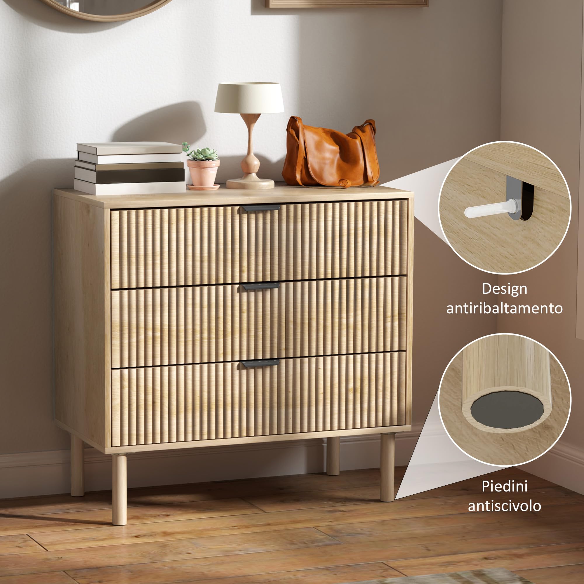 HOMCOM Cassettiera Camera da Letto 3 Cassetti, 80x40x77.5 cm, Rovere | Comò Camera da Letto Moderno con Gambe, Cassettiera Salvaspazio, per Soggiorno