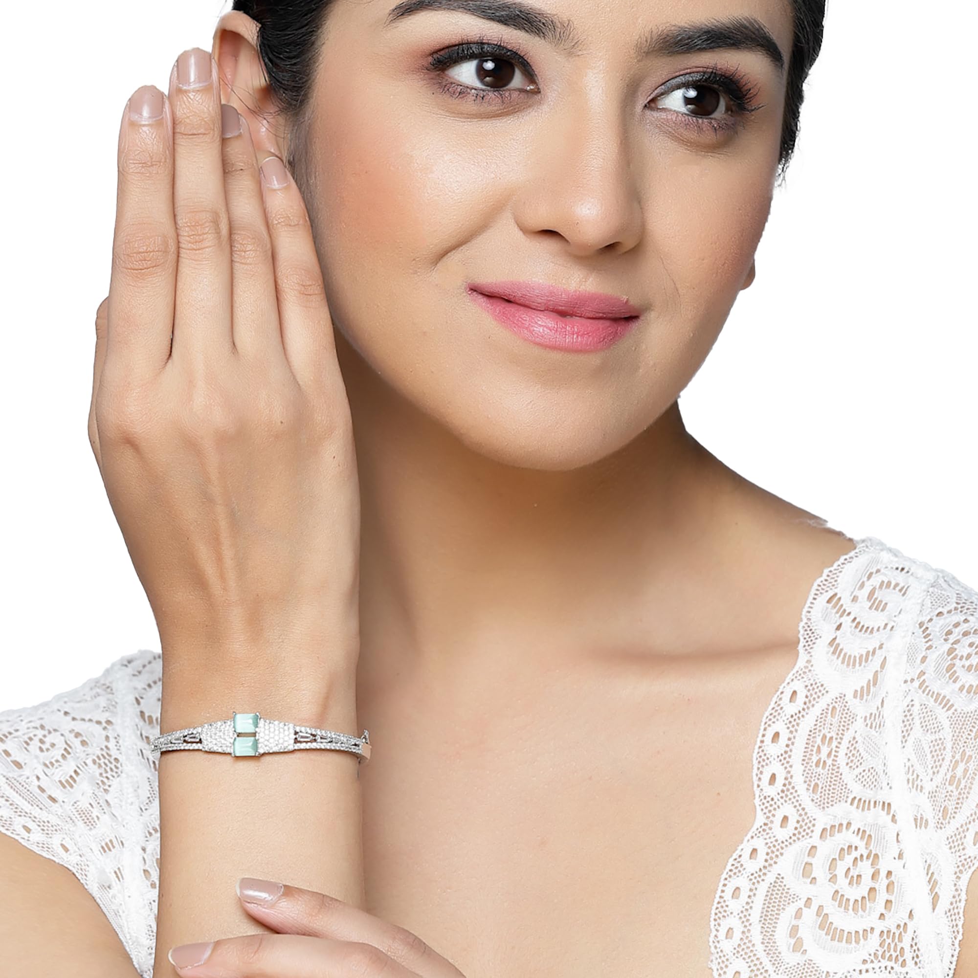 Rhodium-Plated Square American Diamond Kada Bracelet