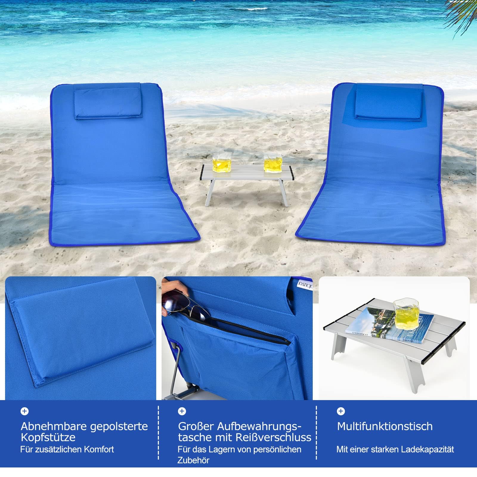 FANTASK 2er Set Strandmatte mit Beistelltisch, Kopfkissen & Staufach, Liegematte mit Verstellbarer Rückenlehne, Strandliege für den Strand (Blau)
