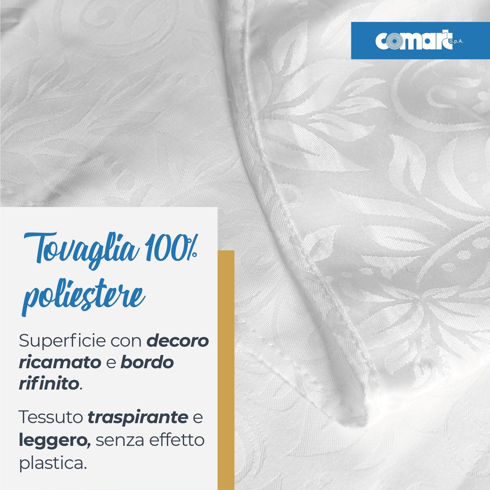 Comart Tovaglia Jacquard Antimacchia Copritavolo Poliestere Damascato 140x230 cm Bianca