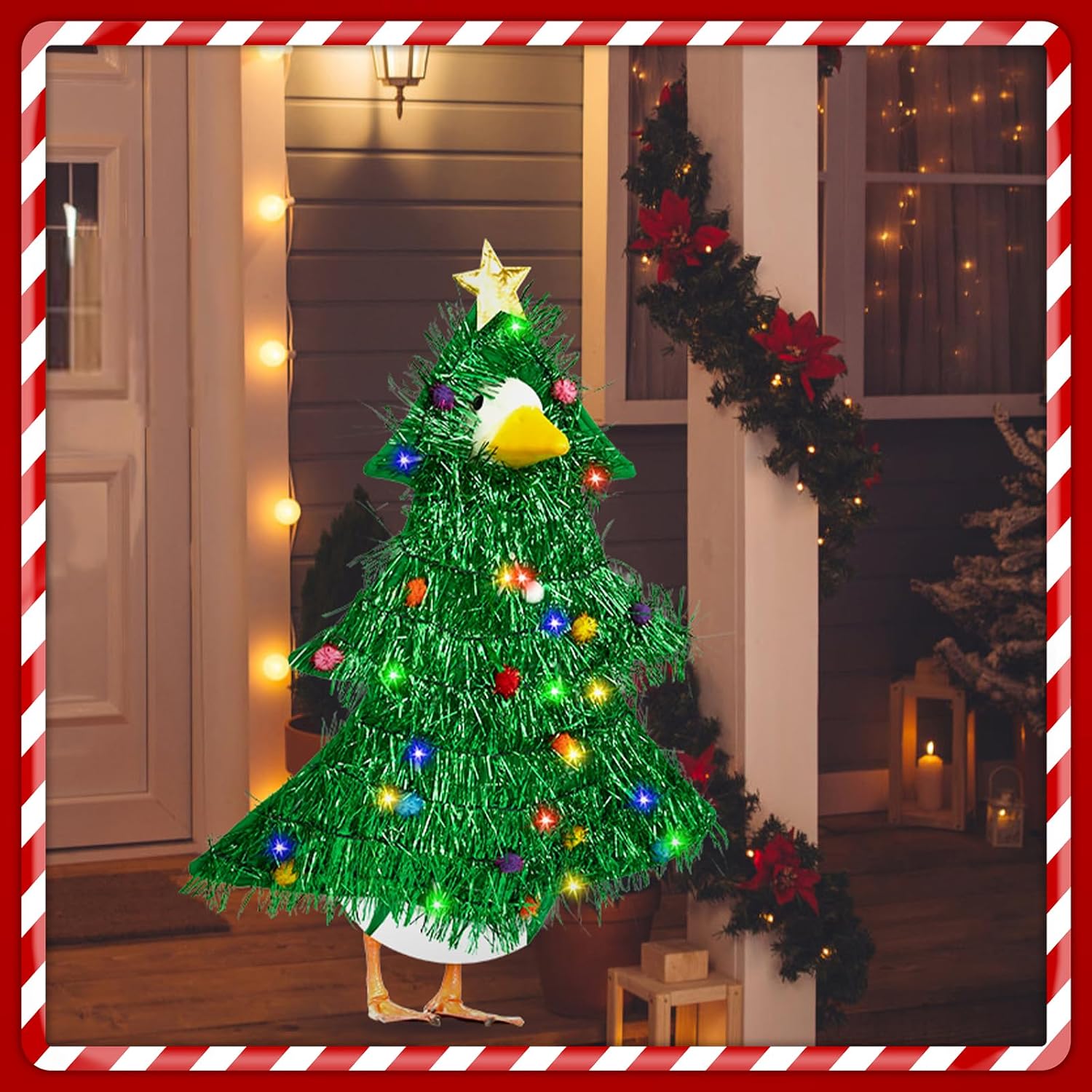 Christmas Lighted Porch Goose Outfits for 23 Inch Lawn Statue, Xmas Tree Shape Costume with Colorful Lights for Plastic/Cement Statue, Duck Sculpture Clothes for Yard Patio Winter Decoration