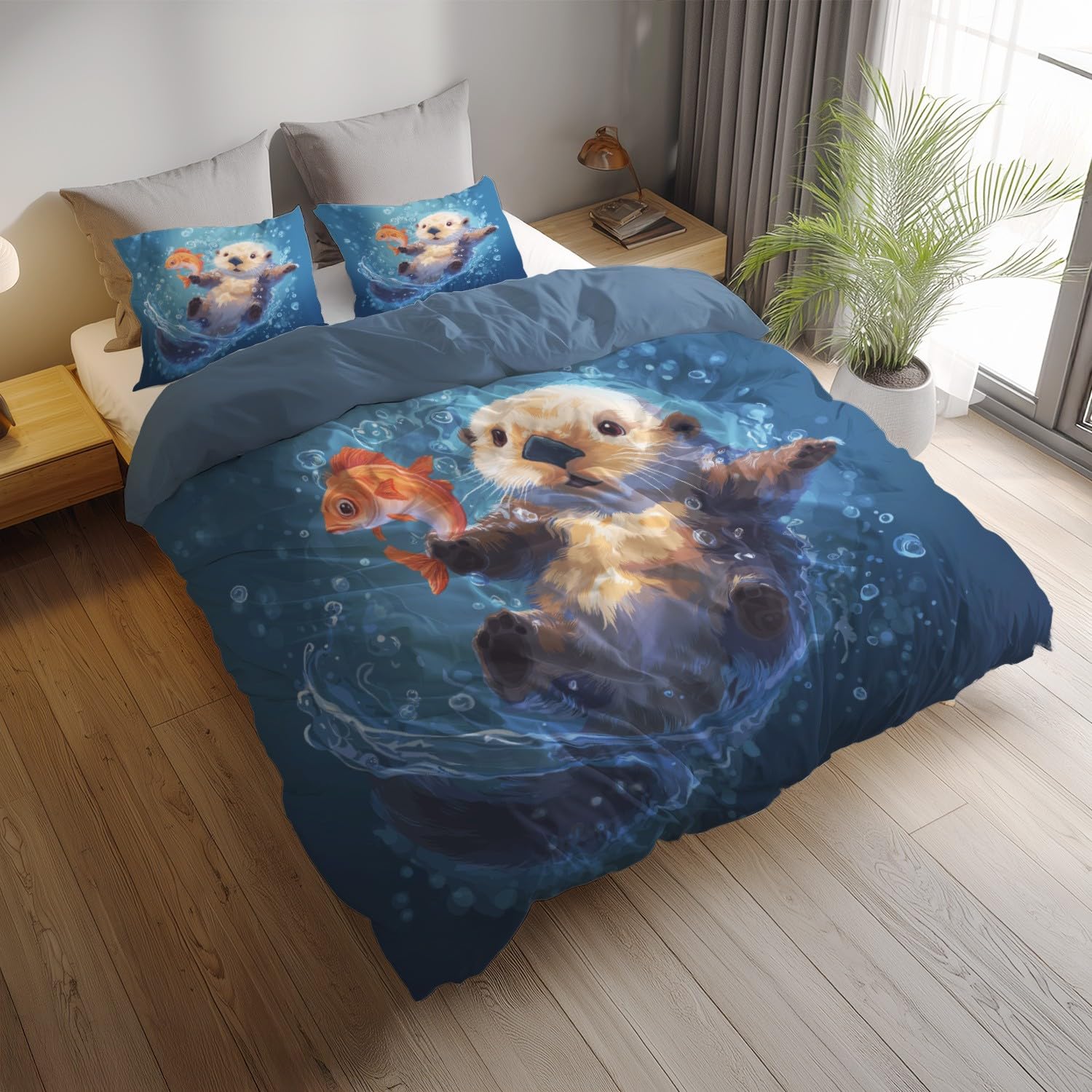 Niebieska pojedyncza urocza wydra 220 x 240 cm poszwa na kołdrę z nadrukiem na zamek błyskawiczny Zestaw pościeli z 2 poszewkami na poduszki Pościel Zestaw dla dorosłych i dzieci
