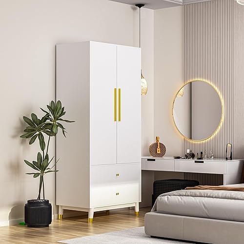 Homsee Wardrobe Armoire with 2 Doors, 2 Drawers, Hanging Rod & 2 Compartments, Wooden Closet Storage Cabinet with Gold Handles for Bedroom, White (31.5”L x 19.1”W x 71.1”H)