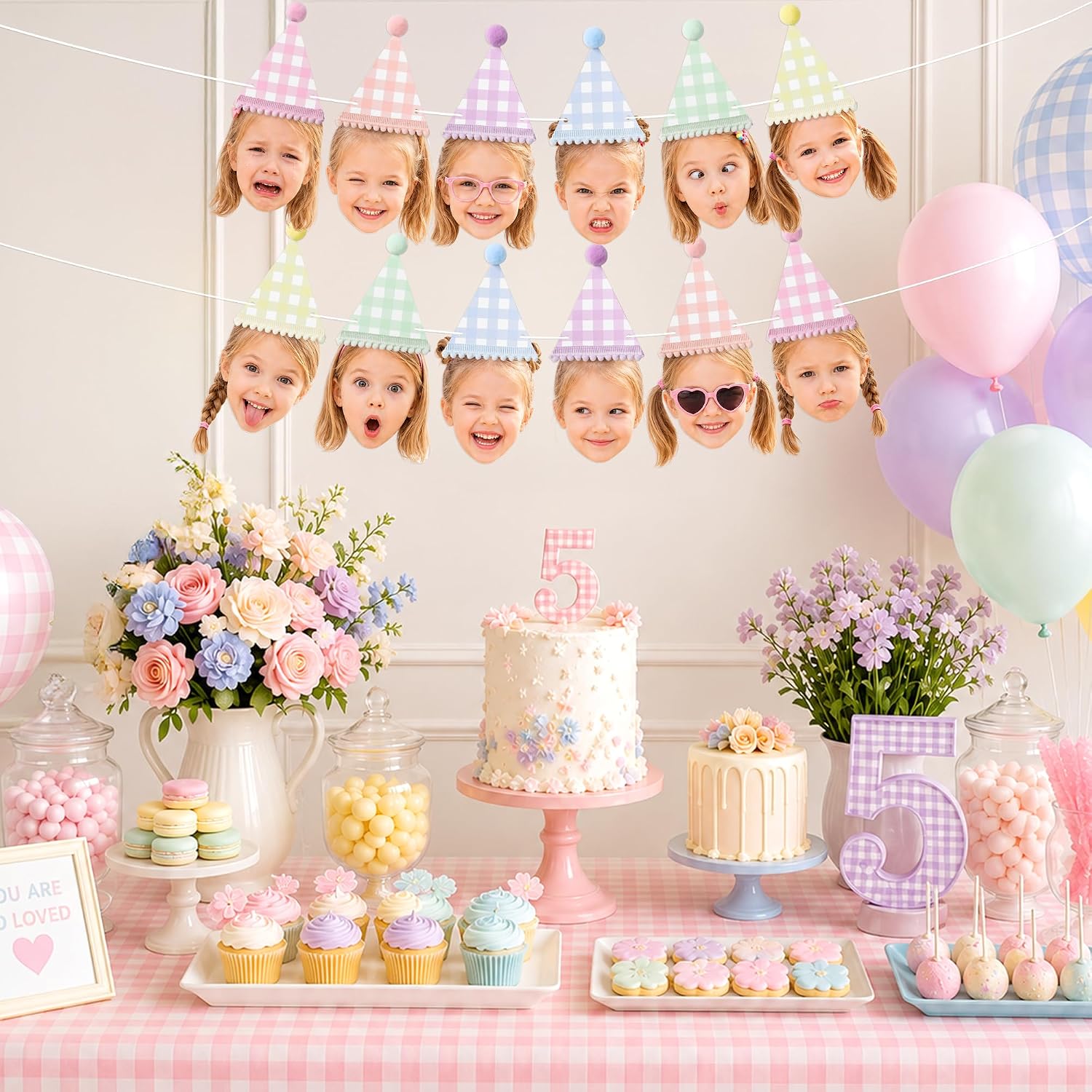 Kriyokiaa Fun to Be One Birthday Decorations DIY Face Banner with 12 Pcs Pastel Checkered Party Hat Photo Garland, Personalized First Birthday Decorations for Boy Girl 1st Birthday Party Supplies