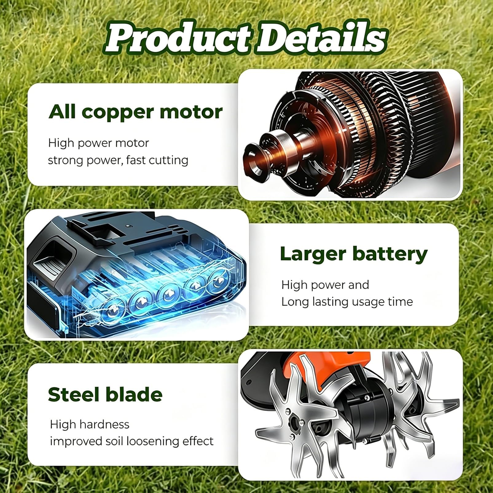 21V Cordless Mini Tiller, 4-Tine Garden Coltivatore | 235 giri/min, larghezza di 10 cm, doppia batteria da 1,5 Ah e design portatile pieghevole da 1,2 kg