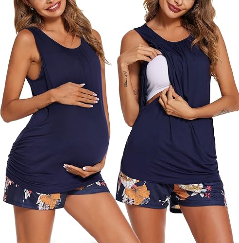 Ekouaer Conjunto de pijama de maternidad para mujer, conjunto de pijama de doble capa para embarazo, camiseta sin mangas y pantalones cortos con