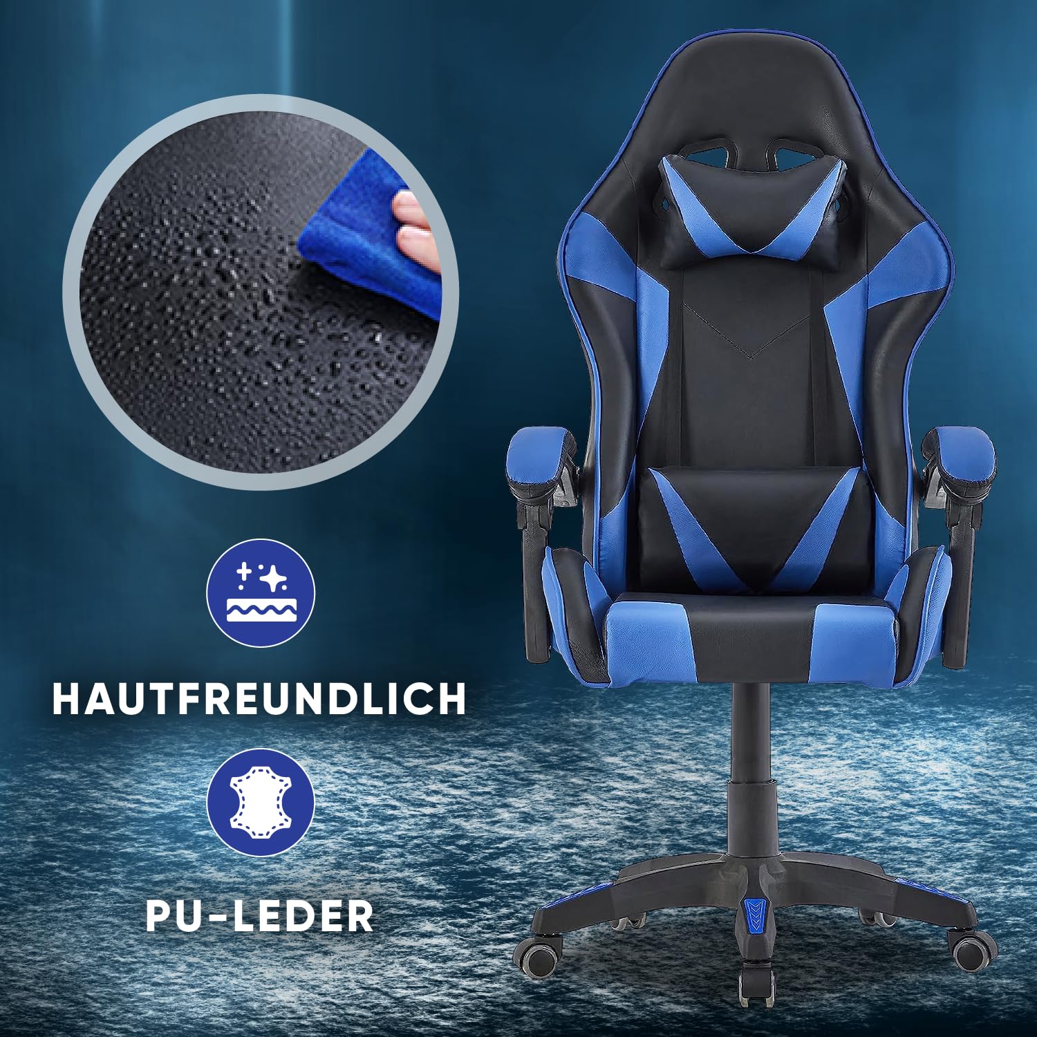 Walden Gaming Stuhl ergonomisch Office Chair bürostühle Gaming Chair Rückenlehne Sitzhöhe verstellbar Drehstuhl Racing Office Computer Ergonomic Video Game Chair (BLAU)