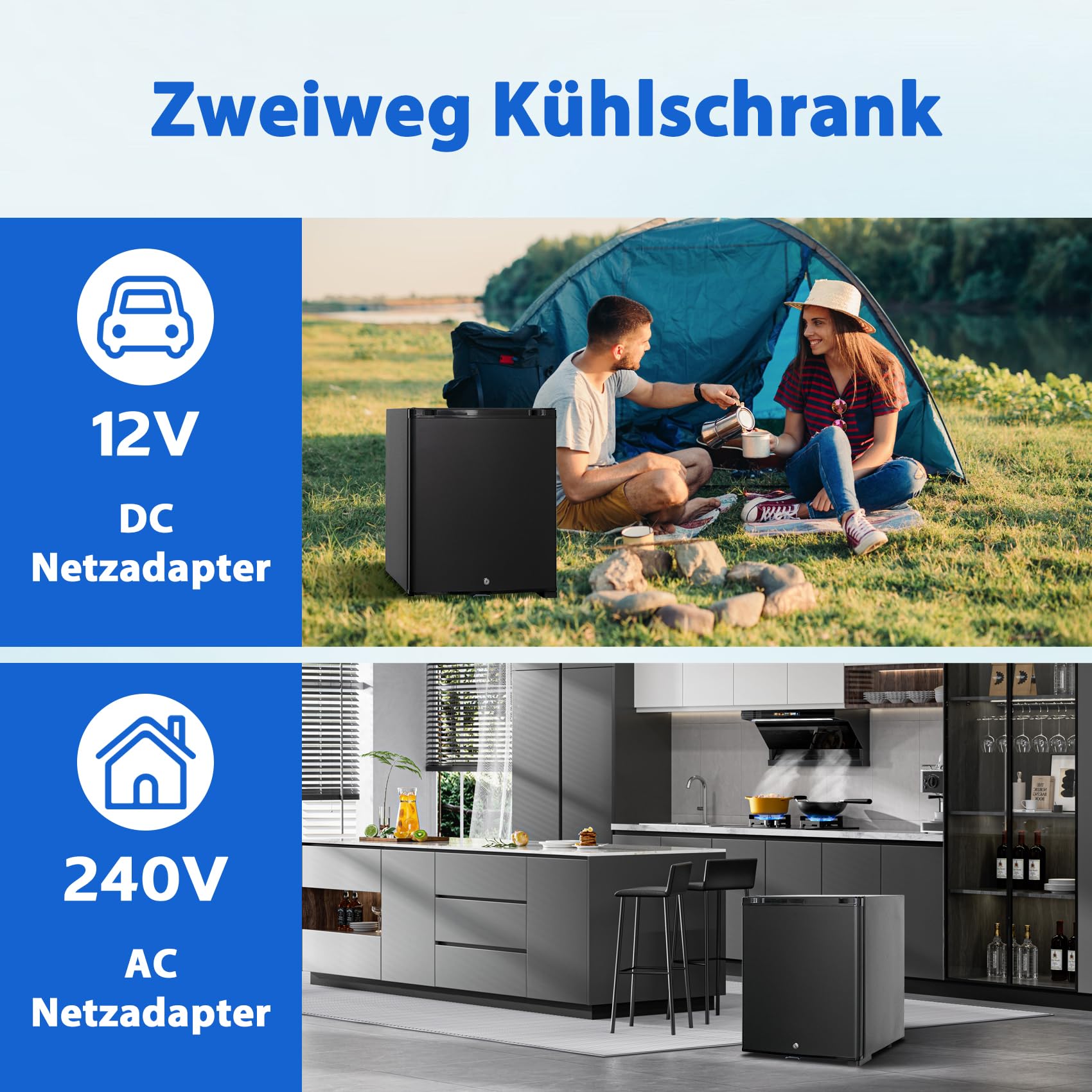 Camping Kühlschrank 12V 230V, 30L, 12V Kühlschrank, mit Schloss, Leise Kühlschrank, Tragbar, Wohnwagen Kühlschrank für Reisen, Camping, Hotel und Büro, Schwarz