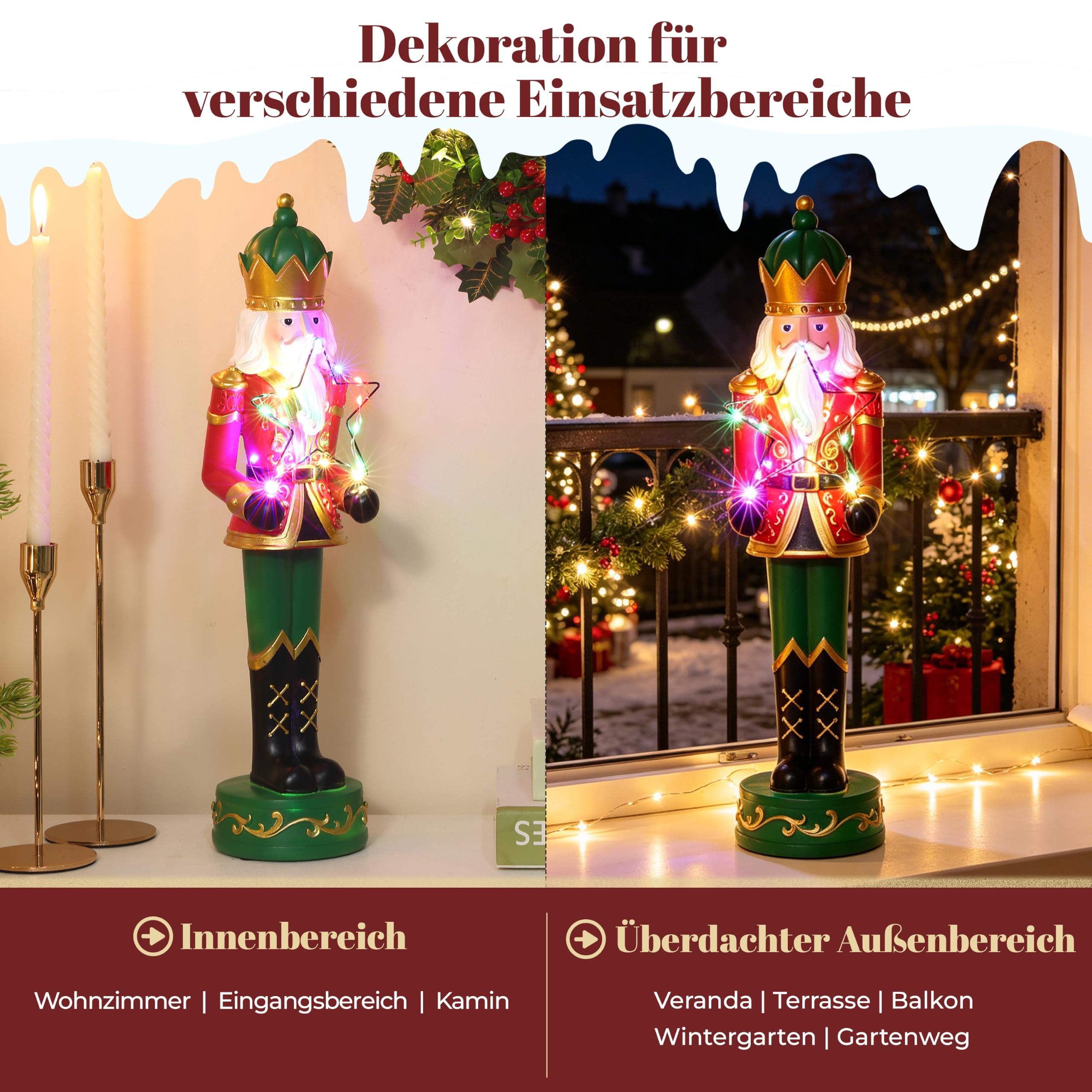 Hometopia Nussknacker Figur mit LED-Stern, 46 cm, Weihnachten Deko Rot-Grün