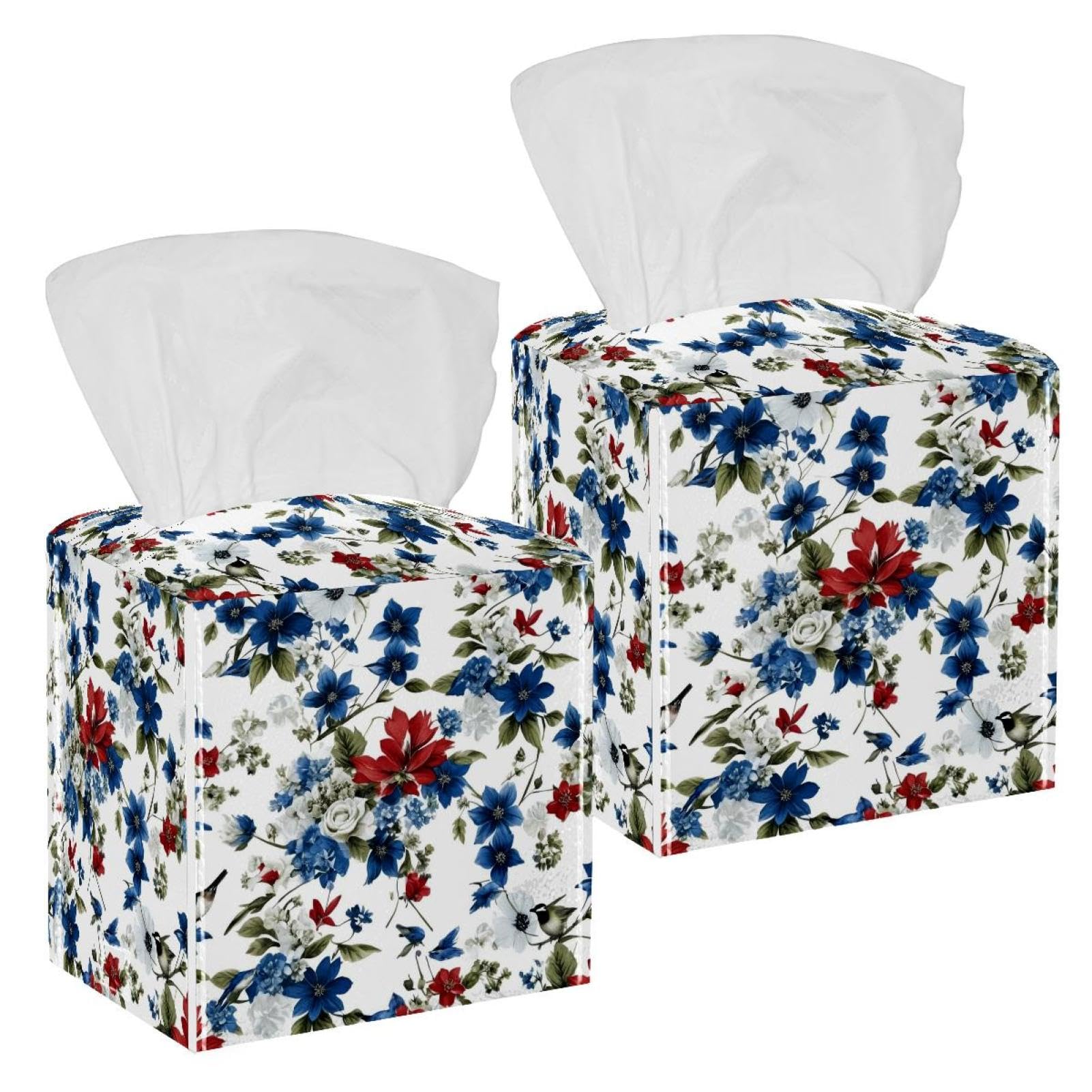Aesthetic Flower Tissue Box Cover, 2 Pack PU Leather Square Facial Tissue Dispenser Box holder for Home Office Car